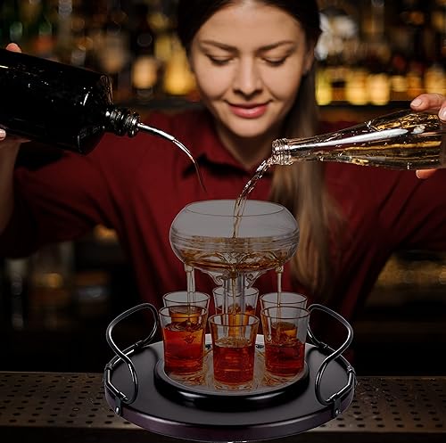 Miniatura 6 de Bezrat Juego de regalo dispensador de vidrio de chupito, bandeja de madera rica de caoba para servir - Dispensador y soporte de vidrio acrílico de 6