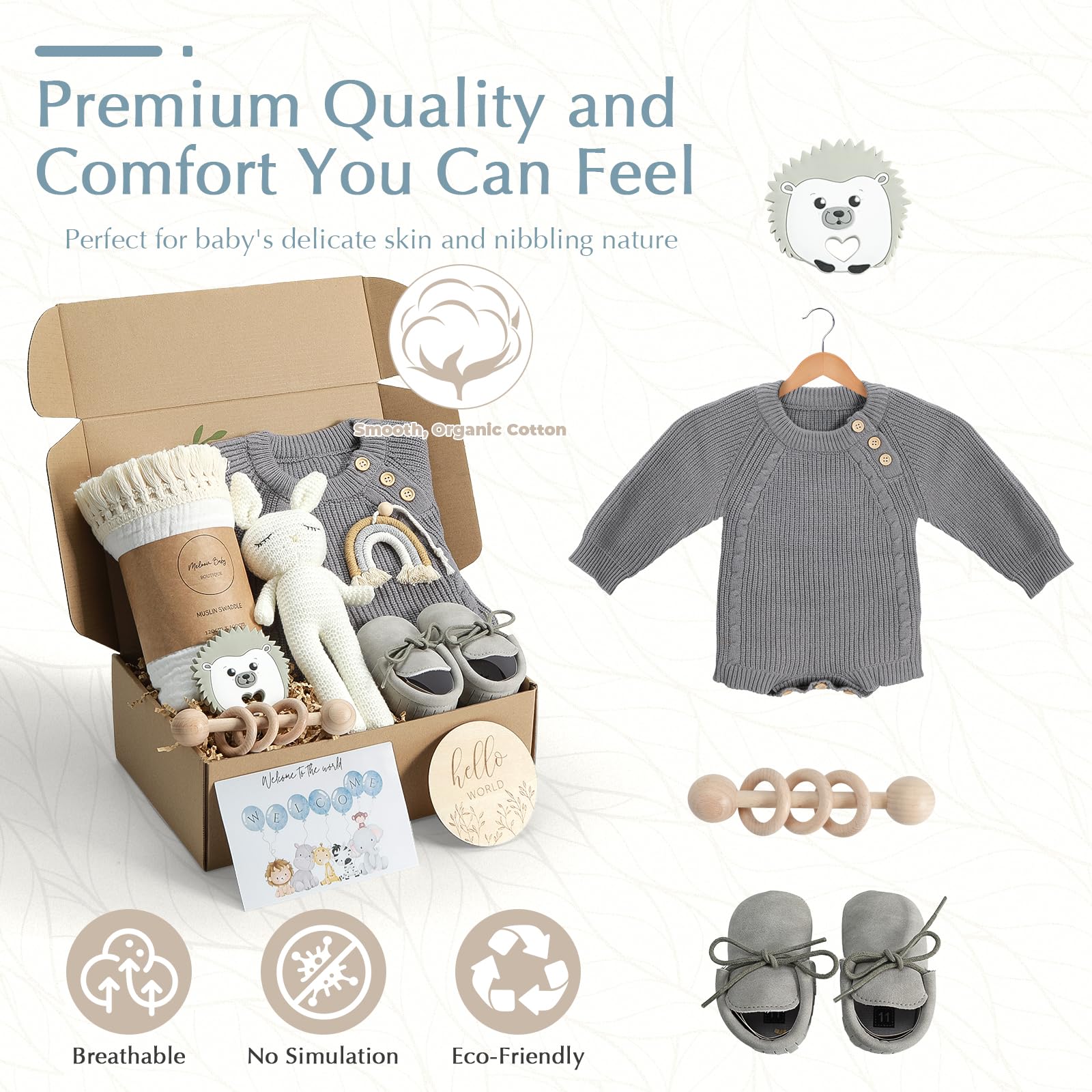 meloom Juego de regalo para bebé recién nacido, bohemio, género neutro, unisex, artículos esenciales, regalos de baby shower para nuevas mamás, regalos de bebé para niños, cesta de bebé