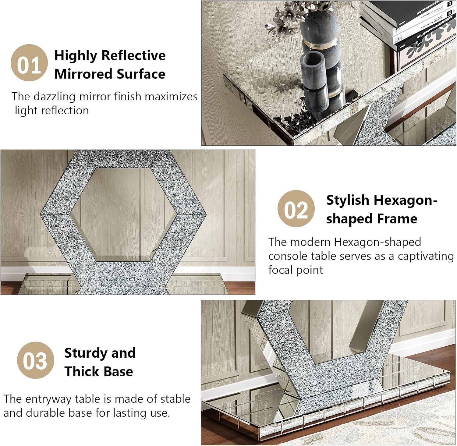 55" Silver Mirrored Console Table, Rectangle Sofa Table with Sparkling Crystal Hexagon Base, Modern Luxury Mirrored Furniture with with Diamond Glass Effects for Entryway Hallway Entrance
