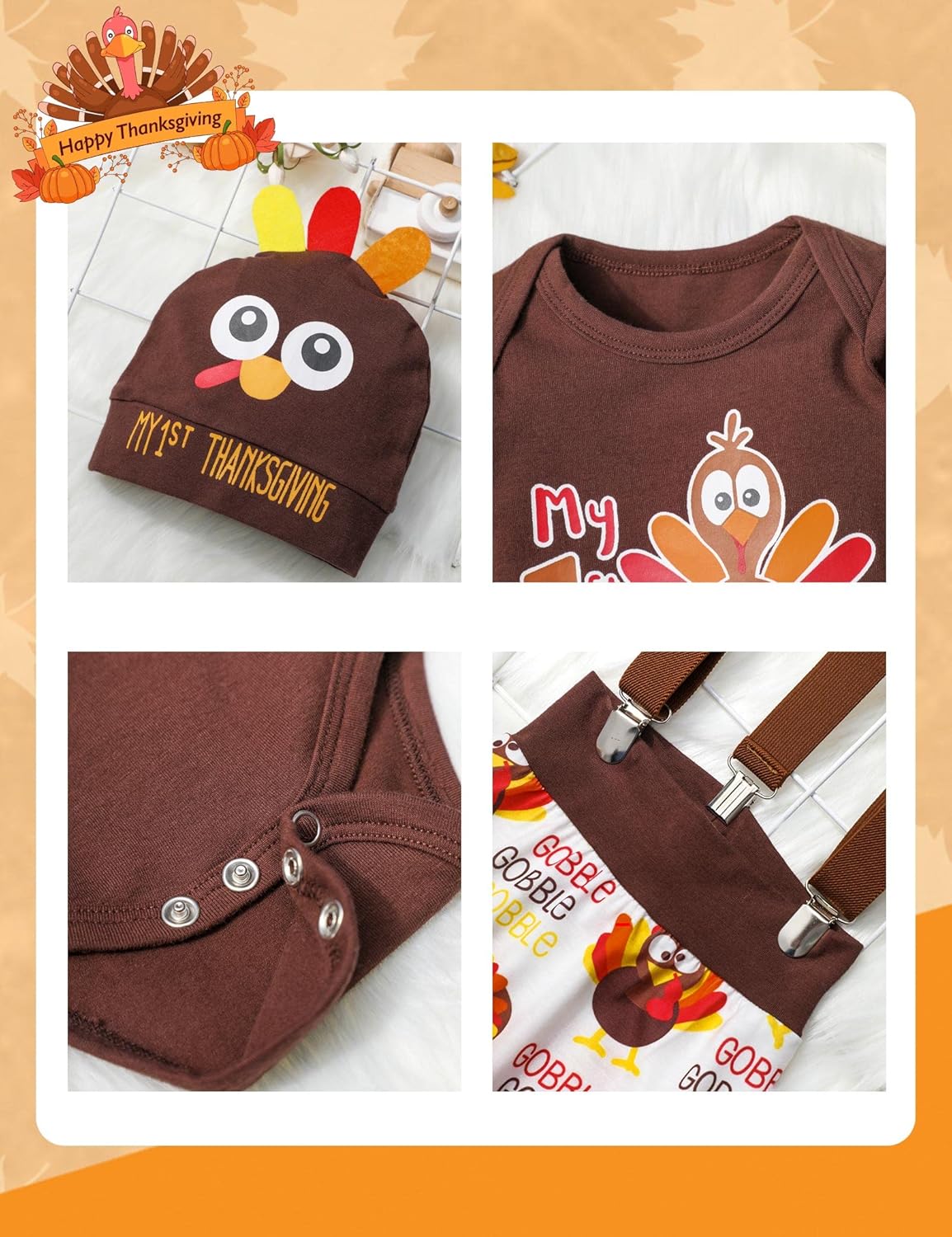 KANGKANG My First Thanksgiving Baby Boy Romper Outfit Newborn Boy Clothes Turkey Romper + Suspender Pants with Hat - Image 4