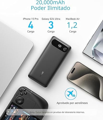 Miniatura 4 de Anker Power Bank, cargador portátil esencial de viaje de 20,000 mAh con cable USB-C integrado, paquete de batería de carga rápida de 3 puertos de 87