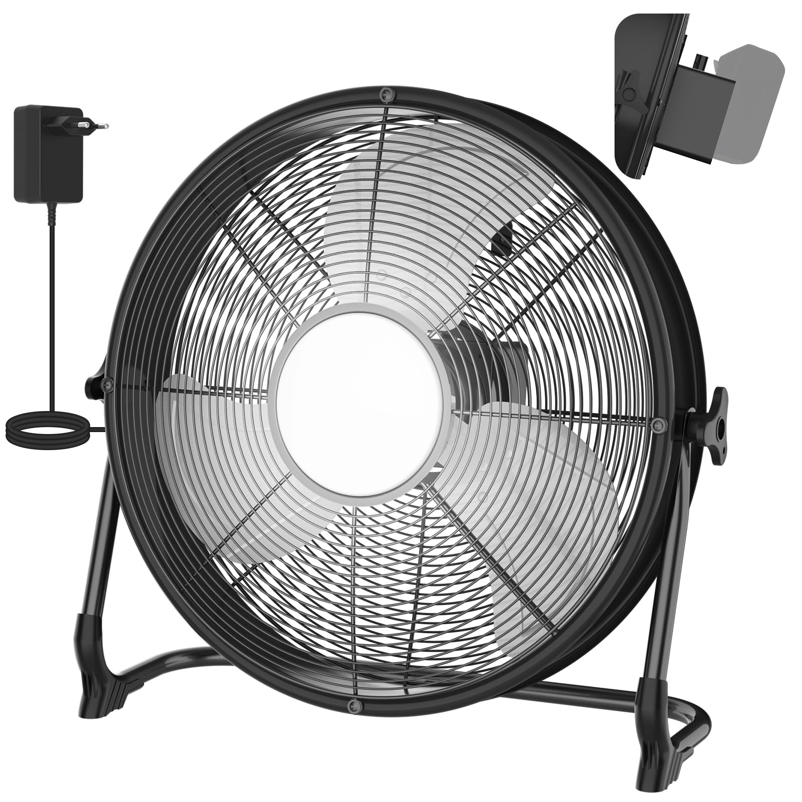 T-SUN 40CM Ventilador de Suelo Industrial compatible con Batería Ma-kita/Adaptador de CA Ventilador de pie Portatil con 1450LM Luz LED, Regulación Continua de la Velocidad para Camping(Sin Batería)