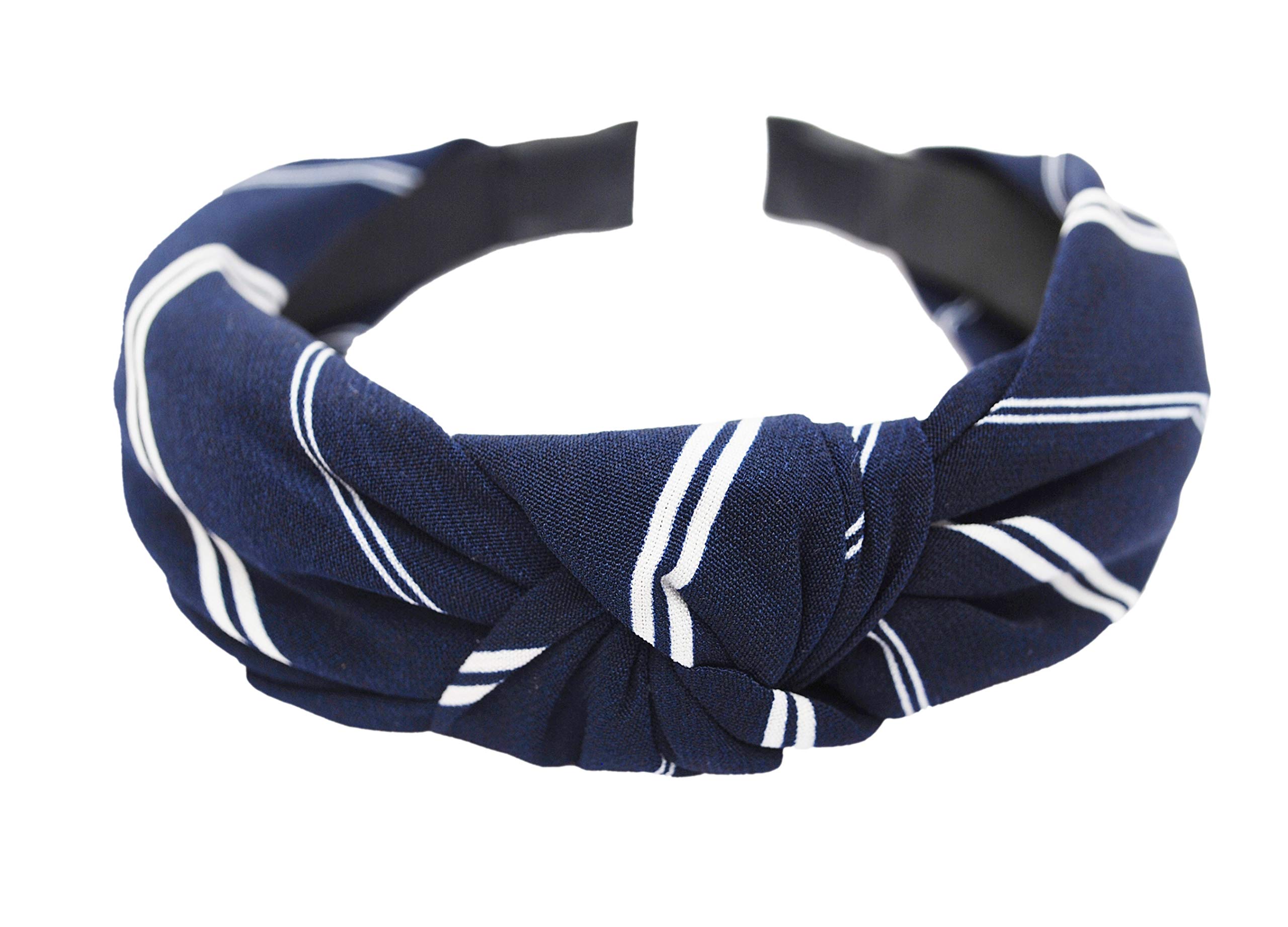 Vogue Hair Accessories Solid Fabric Knot with Stripes Plastic Hairband Headband for Girls and Women (Blue & White)