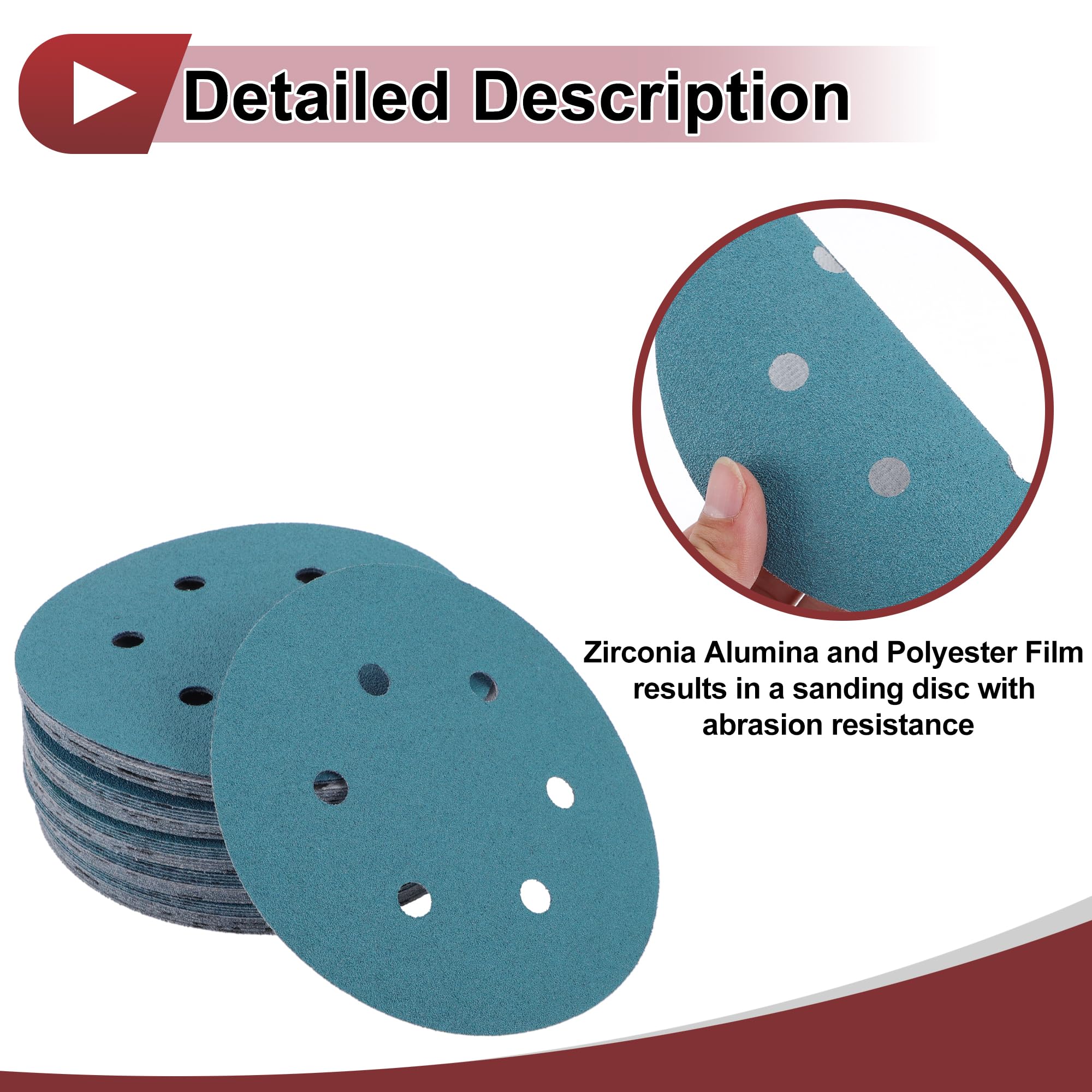 HEROFFIX 50 Pcs Car Wood Sanding Discs Smoothing Hook & Loop Sandpaper for Woodworking Automotive Refinishing 5.91" 7 Hole 100 Grit Blue Zirconia Alumina - Image 3