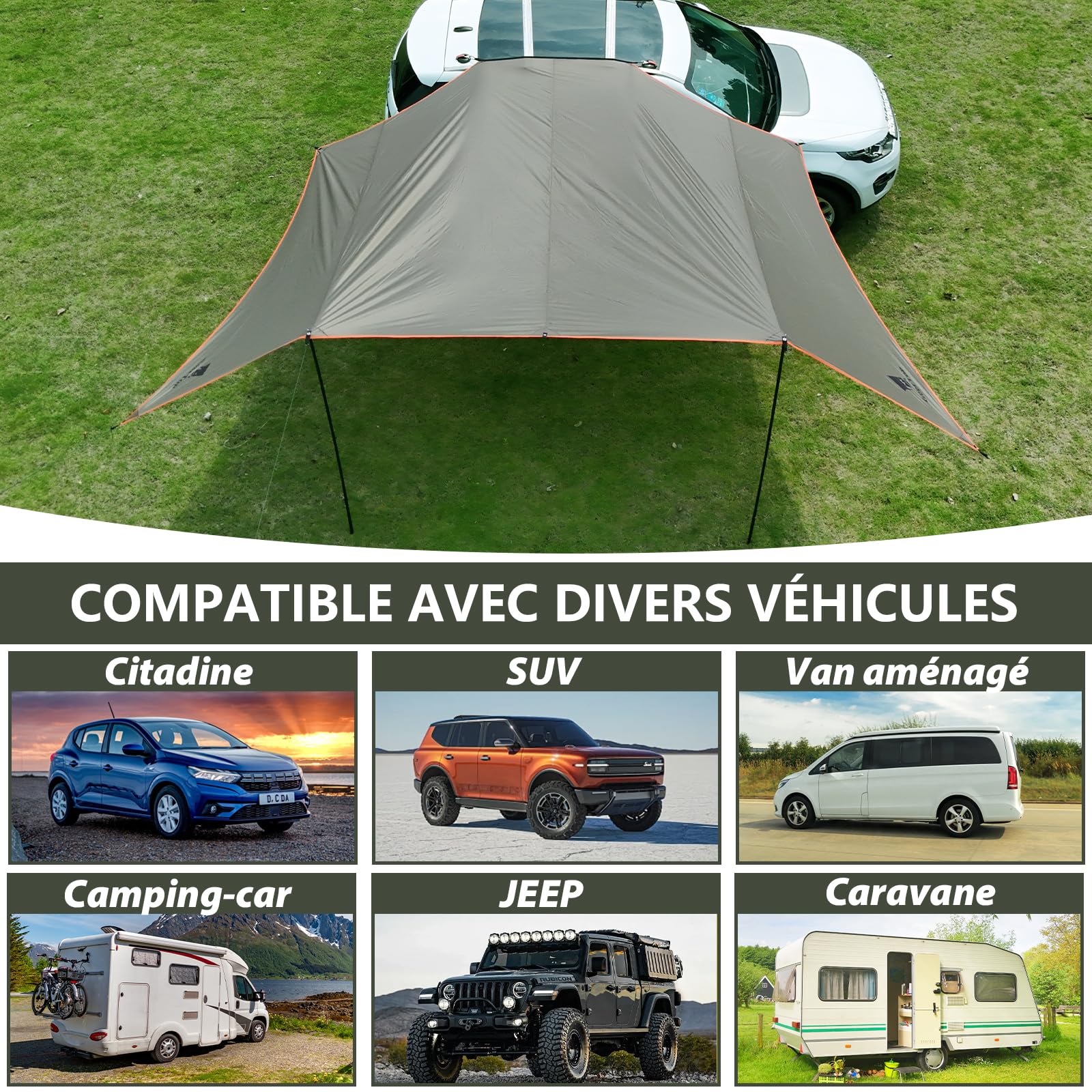GEERTOP 3,5 x 5,8 m Store Auto Voile d'Ombre, Etanche 3000 mm Grand Auvent Latéral Auto avec 2 Bâtons, Toit Anti-Solaire Hydrofuge pour Camping Auto, caravanes, Camping Car, Auvent Fourgon