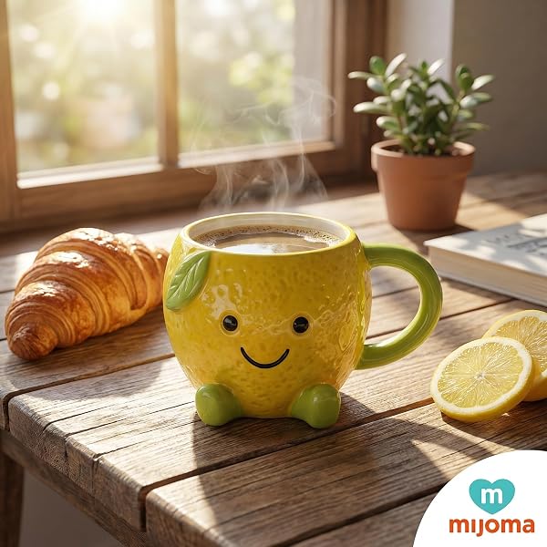 MIJOMA Kawaii Dolomite Lemon Cup 385ml 3D Relief Face Enameled Stable Coffee Tea Cocoa Cup - 4