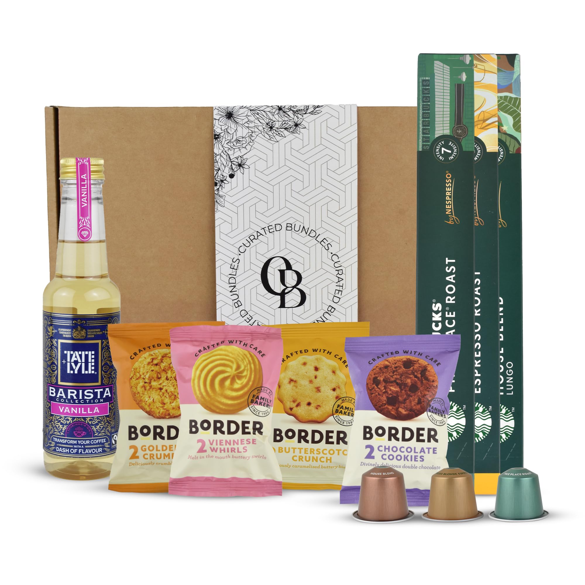 Coffee Gift Set - Hamper Gift Set For Men & Women - House, Blonde, Pike Roast Blend Pods of Original Coffee Variety Pack with Vanilla Coffee Syrup & Assorted Border Biscuits