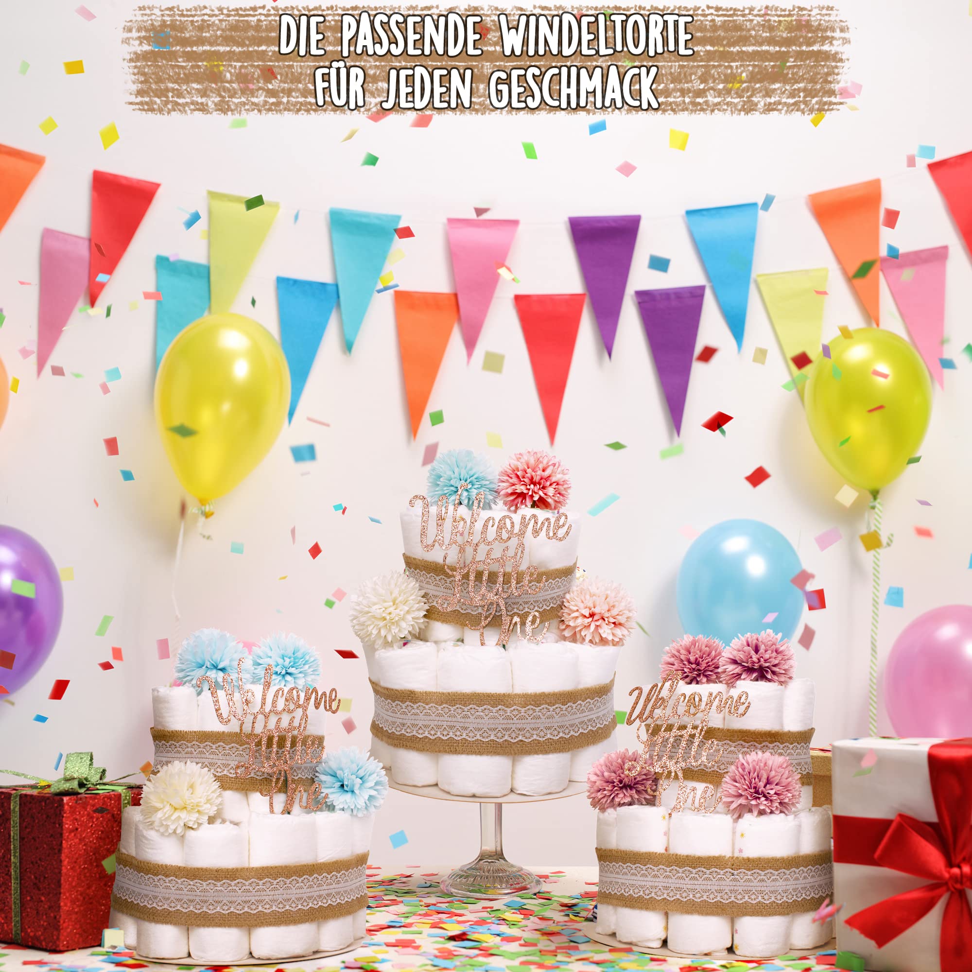 MilaBoo® - Torta di pannolini vintage per bambino, in stile boho, regalo per nascita o battesimo