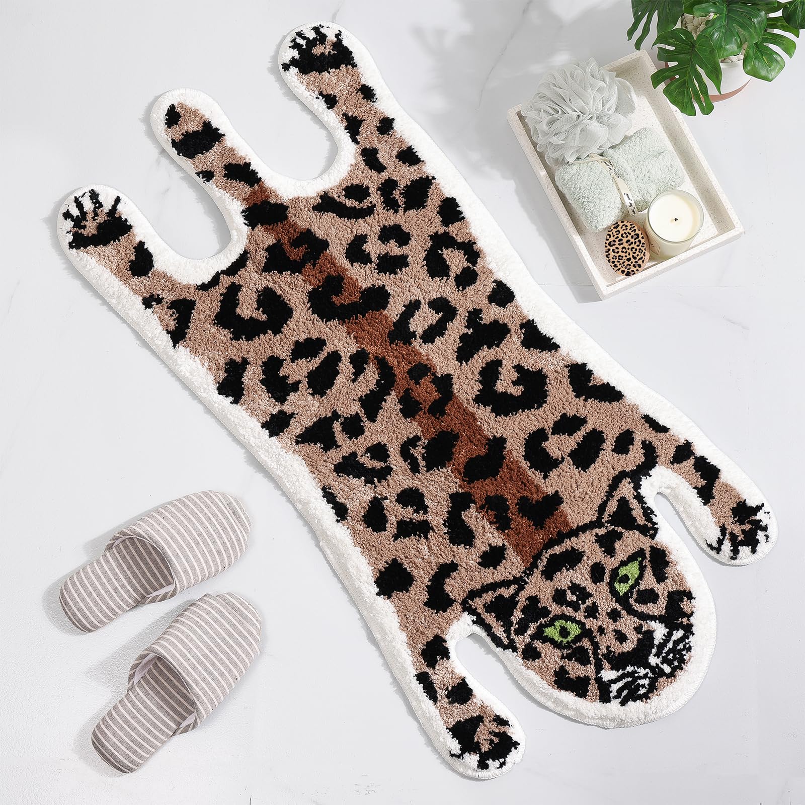 Panstar Leopard Bath Mat for Bathroom Cute Brown Leopard Cartoon Bath Mats Non Slip Animal Shaped Absorbent Bathtub