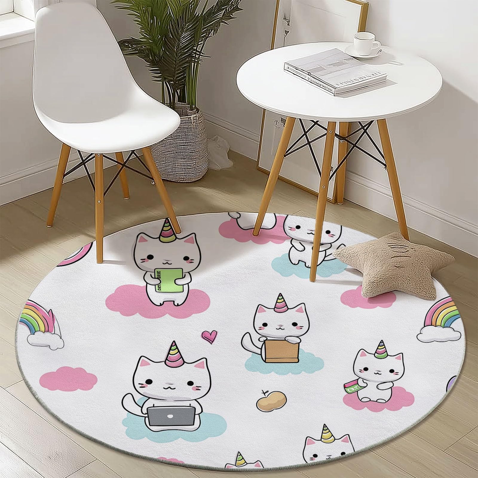 Genérico Alfombra Redonda de Patrón De Unicornio, 120 cm, Estilo Lindo De Dibujos Animados Lavable Grande Redonda, Antideslizante Suave Ultrafina para Dormitorio, Habitación Infantil Cocina, Blanco