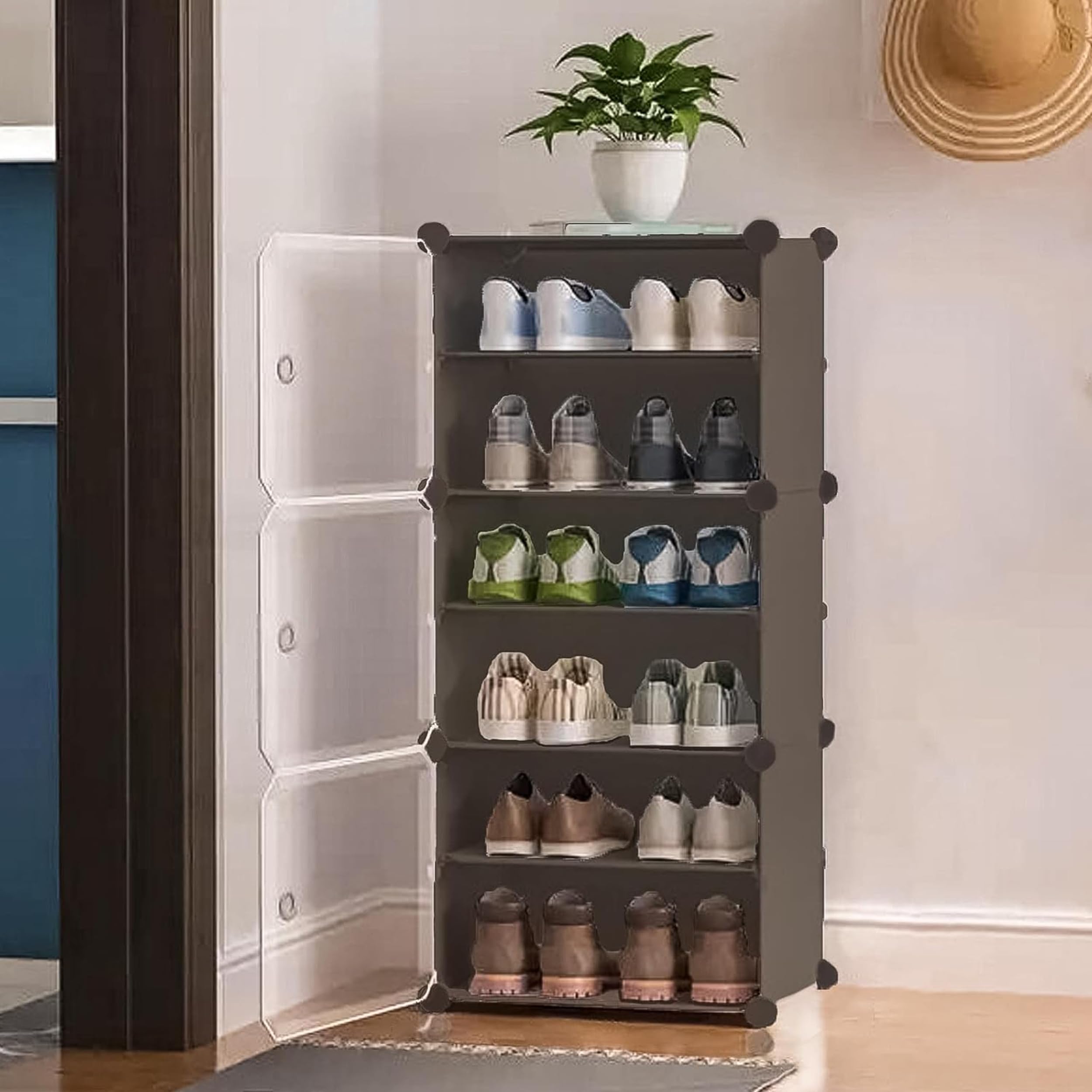 AYSIS Shelf Shoe Rack Box Plastic Shoe Rack for Home Plastic Shelves, Plastic Home Shoes Storage, PP Cabinets with Metal Door Frame, Chappal Slipper Shoe Stand (Grey, 6-SHELF-3-DOOR)-image-26