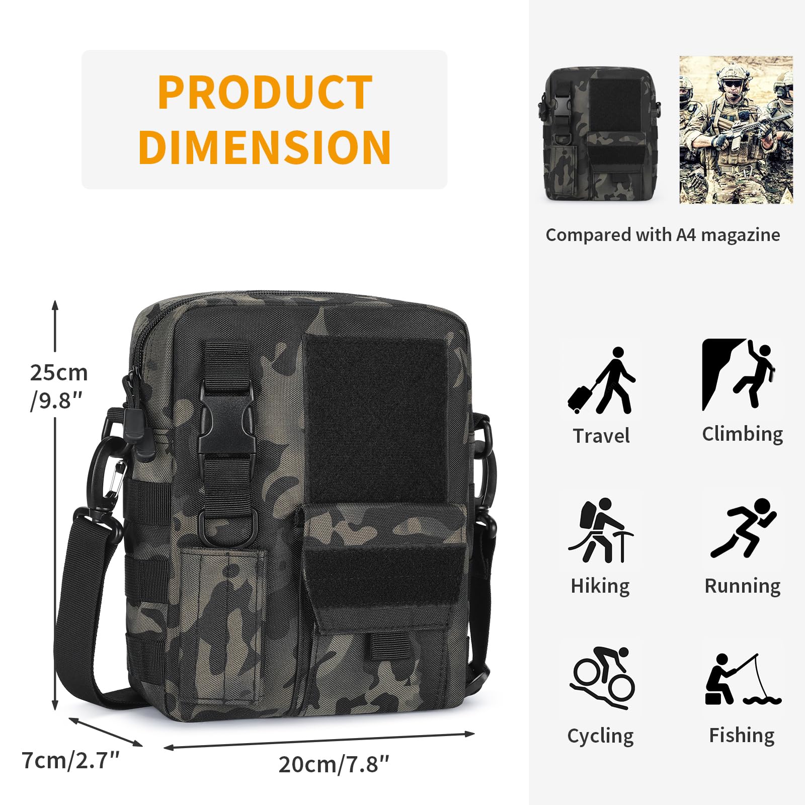 HUNTVP Marsupio Uomo Sportivo, Borsetta a Tracolla Militare Borsa per Campeggio Escursionismo Ciclismo Viaggio Trekking Porta Smartphone Chiave Denaro