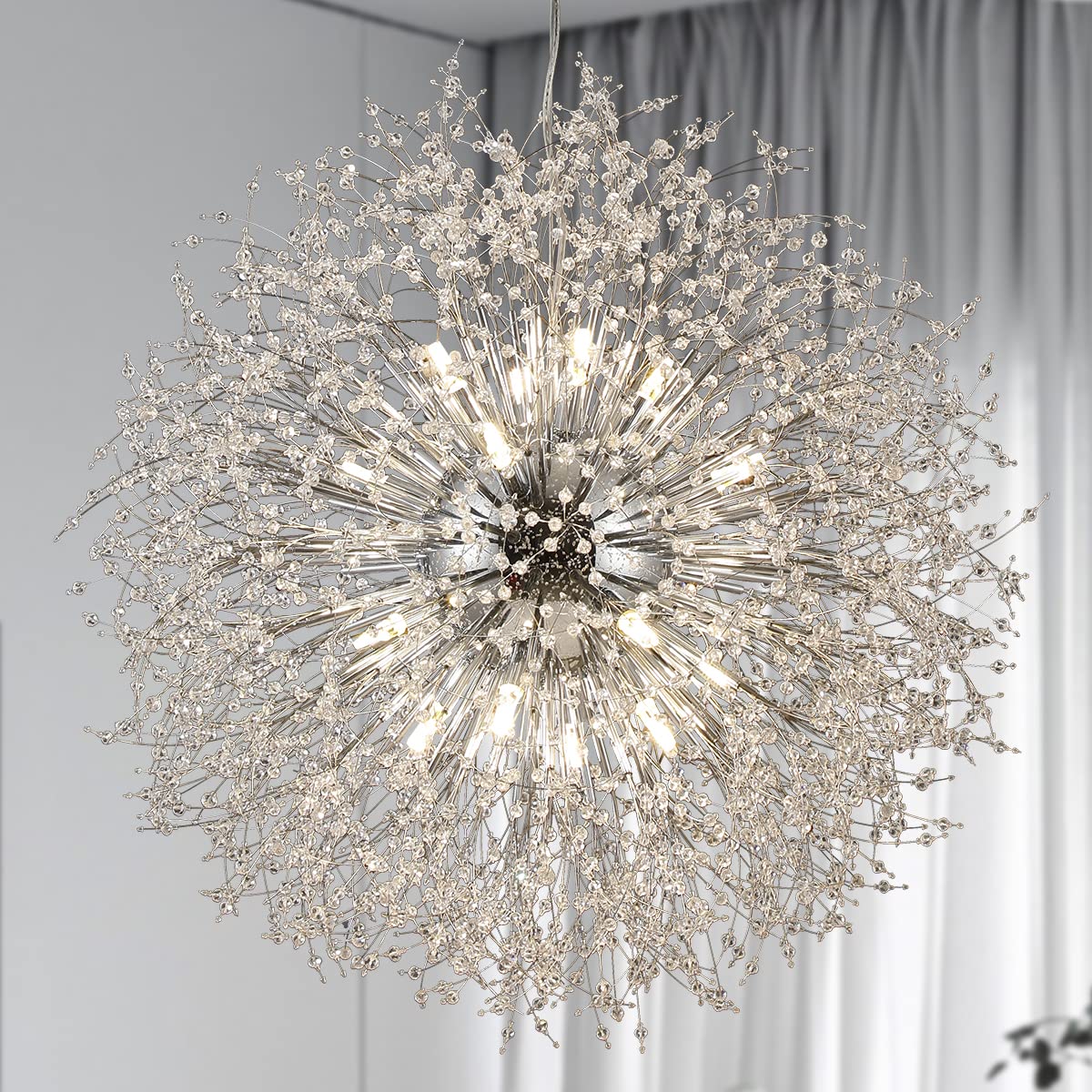 Sputnik Dining Room Chandelier, Modern Dandelion Crystal Hanging Lights High Ceiling, Large Firework Chrome Pendant Lamp for Kitchen Island Bedroom Foyer (D31.49" 16Lights, Chrome Finish)