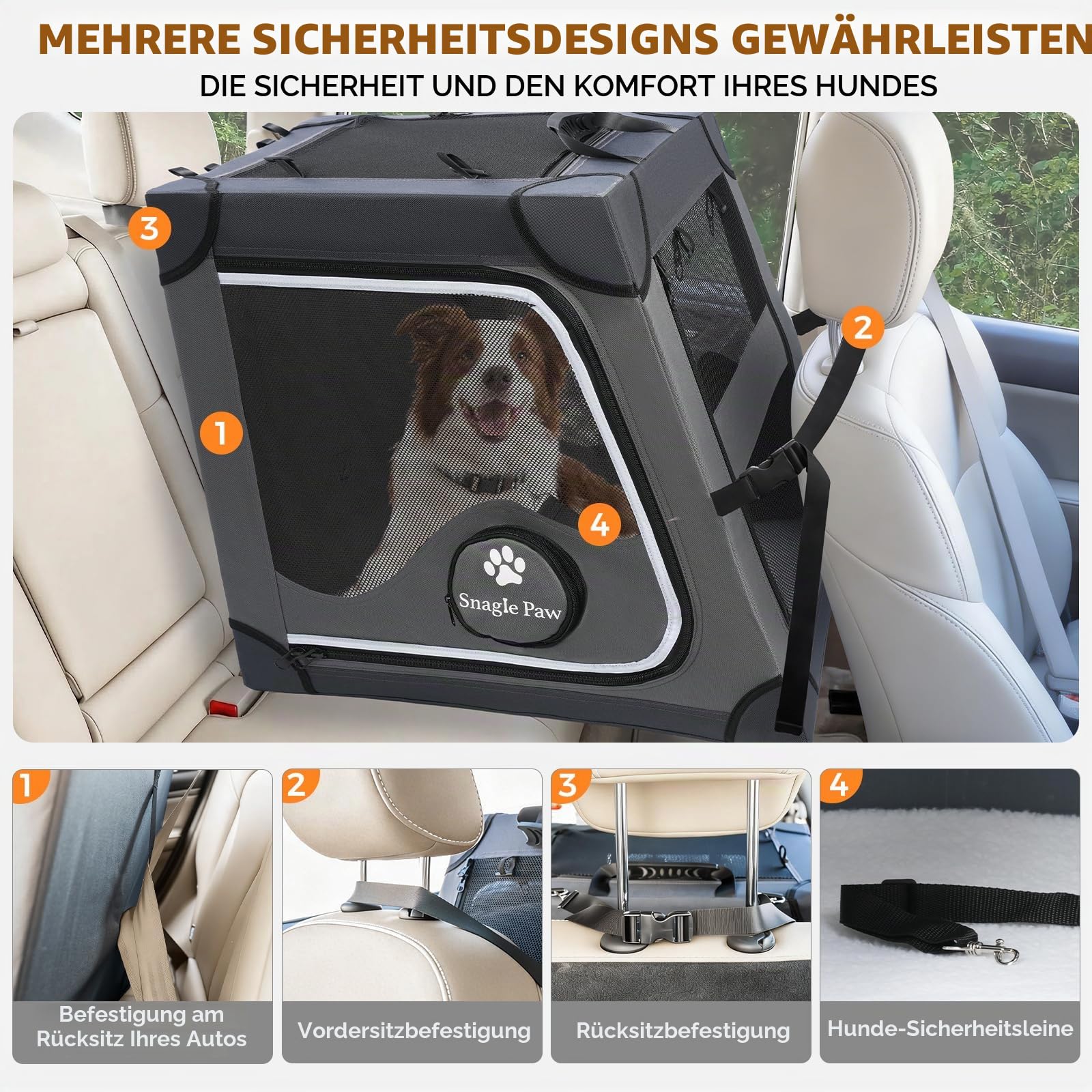 Snagle Paw Tragbare Hundebox für Autoreisen, Metallrahmen-Haustierkäfig, Haustier-Transportbox für Auto-Rücksitz, befestigt mit Kopfstützengurt und Sicherheitsgurt, L, Grau