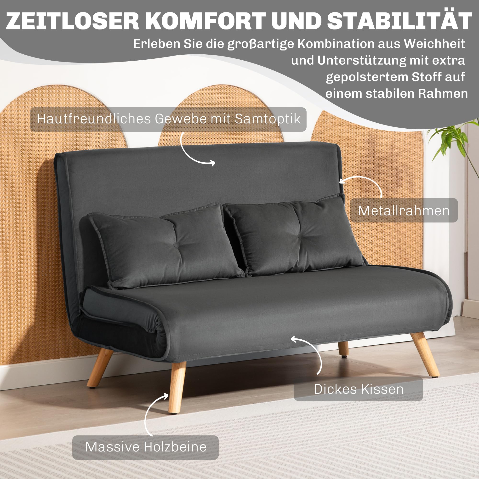HOMCOM Schlafsofa 3 in 1 2 Sitzer mit Schlaffunktion 190x120cm Dunkelgrau
