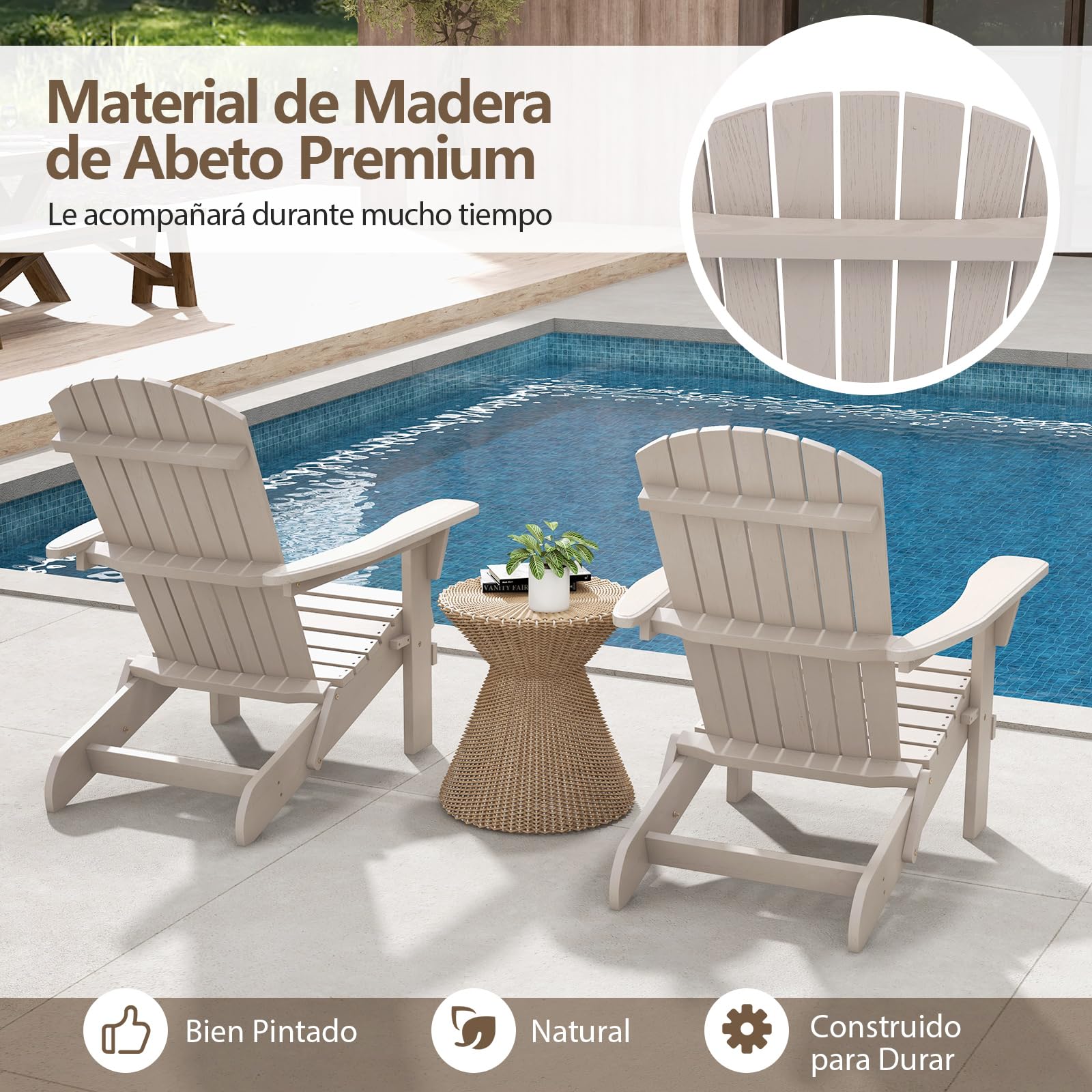 COSTWAY 1/2 Sillas de Jardin Adirondack Plegable, Silla Tumbona Madera Abeto, Respaldo Alto y Reposabrazos Anchos, Sillón Adirondack Jardin Terraza Balcon, 89 x 71 x 94 cm, Max180kg (2, Gris, m)