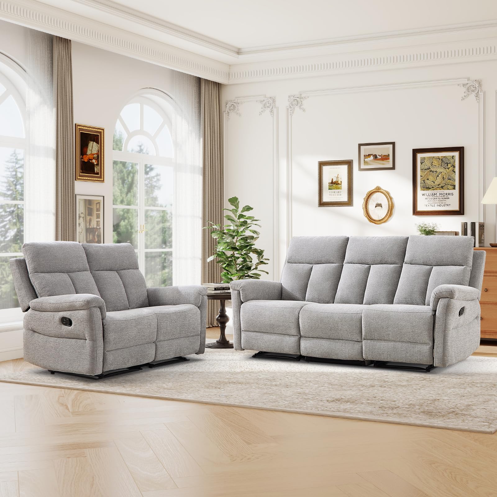 ANJ 2-Piece Manual Recliner Sofa Set, Reclining Loveseat and 3 Seat Sofa with Overstuffed Backrest and Supportive Backrest, Fabric Reclining Couch Set for Living Room, Light Grey