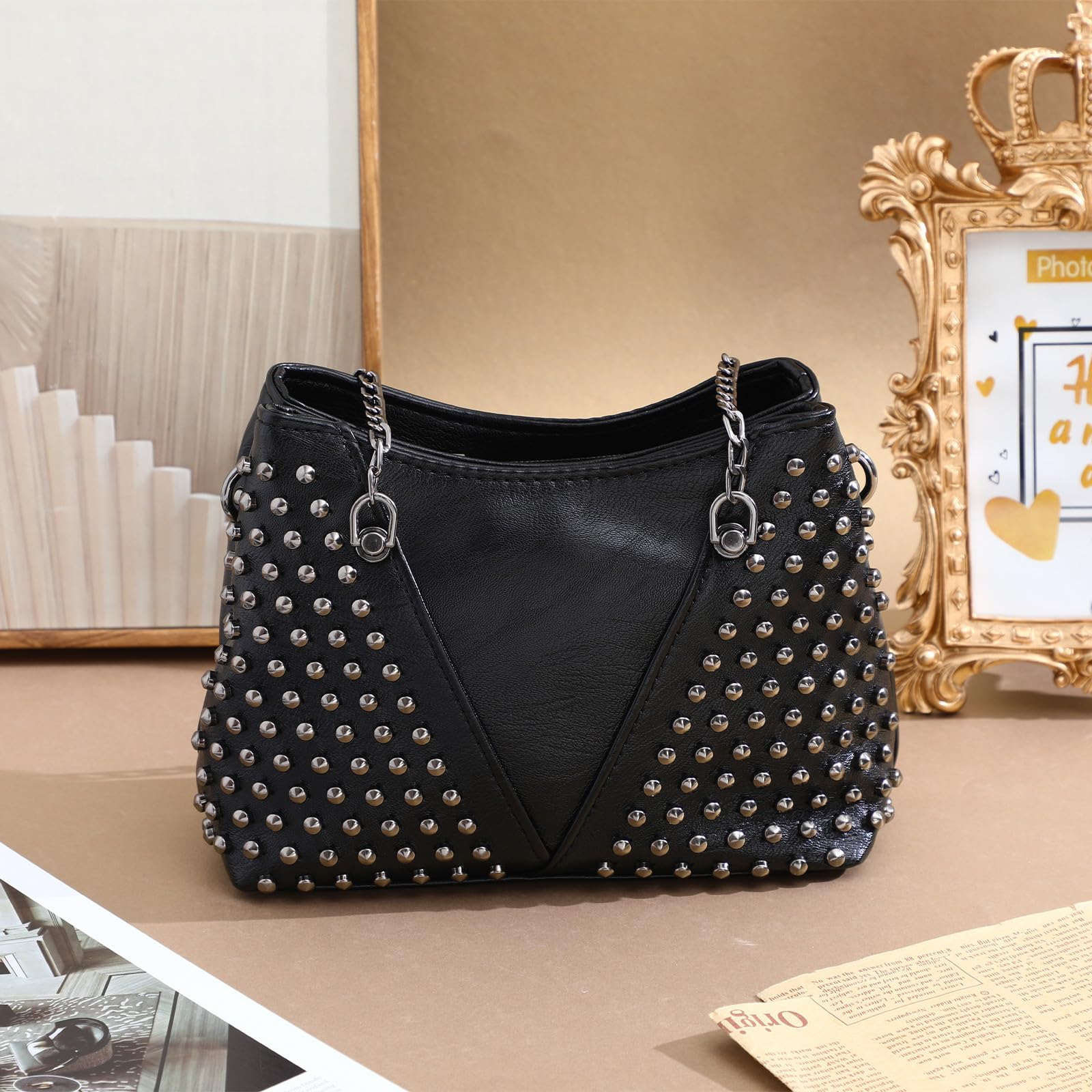 Bolso Bandolera Mujer PU Negro Remaches y Cadena, Mano