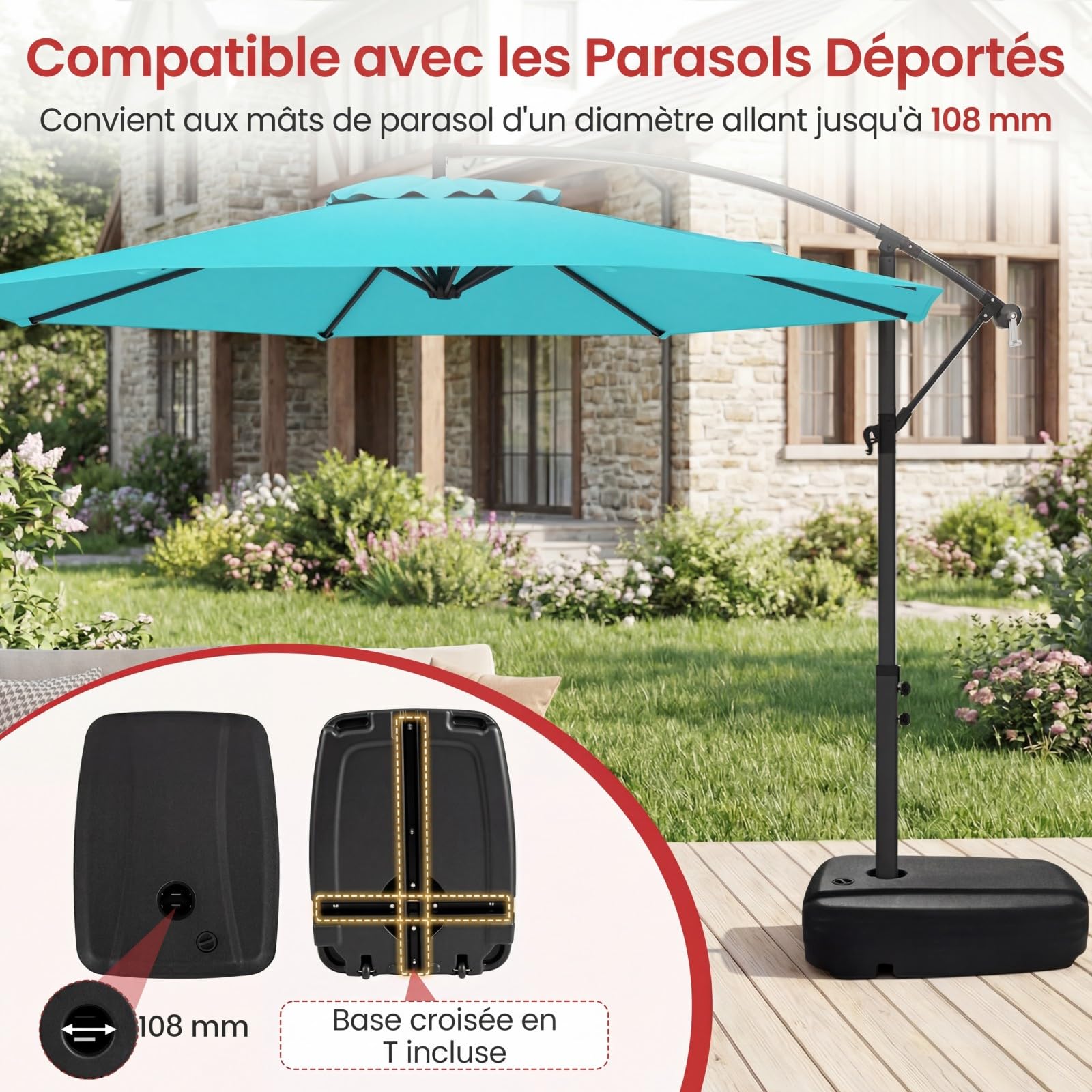 COSTWAY Pied de Parasol Déporté en HDPE sur 2 roulettes, 80 x 59 x 21,5 cm