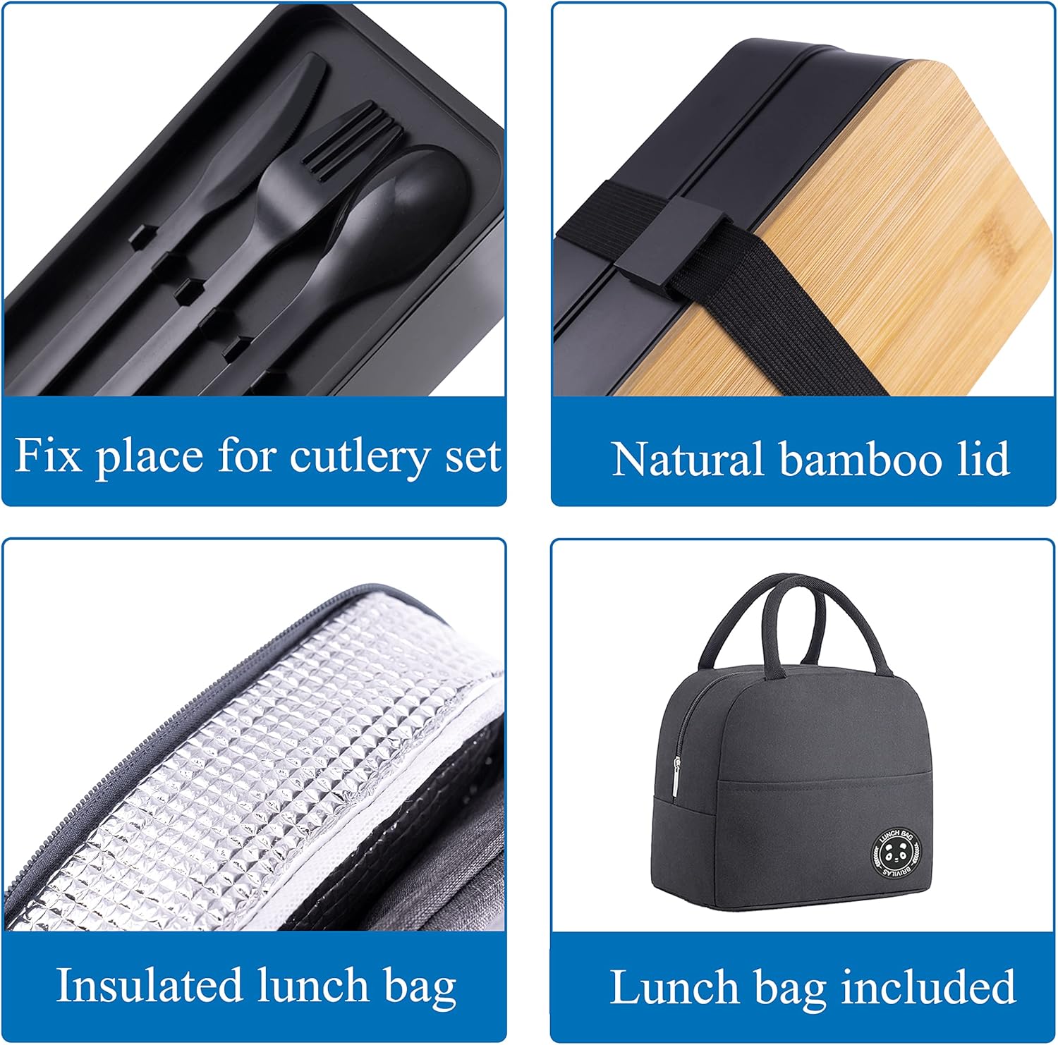 Japanese Bamboo Bento Box with Compartments and Utensils Stackable Lunch Box Includes Lunch Bag for Meal Prep Black - Image 4