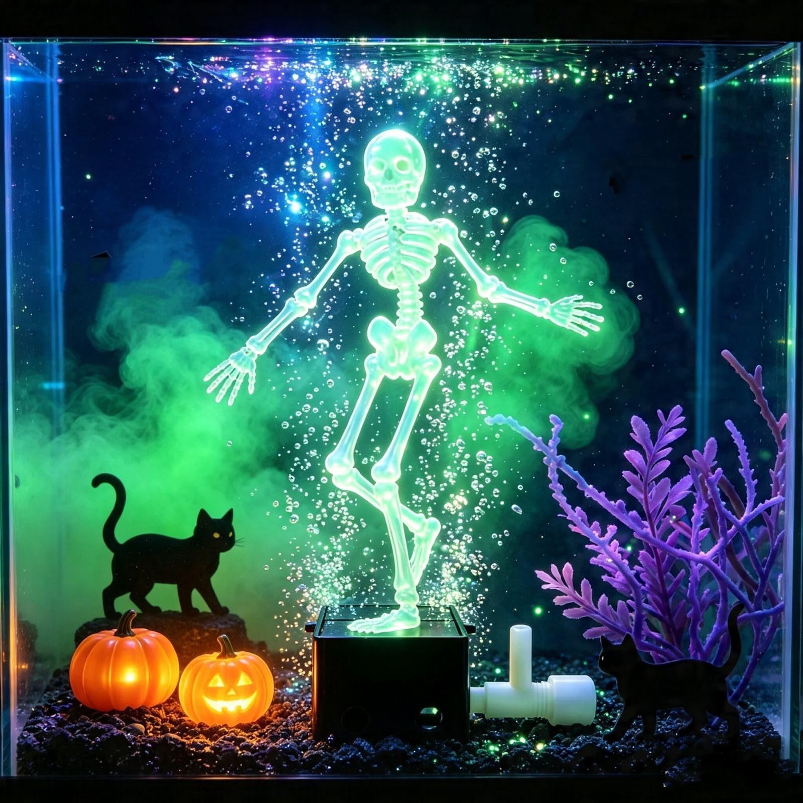 Halloween Dancing Skeleton Bubbler, Air Movable Fish Tank Oxygen Decor, 3D Jointed Skull Aeration Ornament with Suction Cup & Air Valve, Spooky Halloween Tank Decor for Home & Office Aquarium
