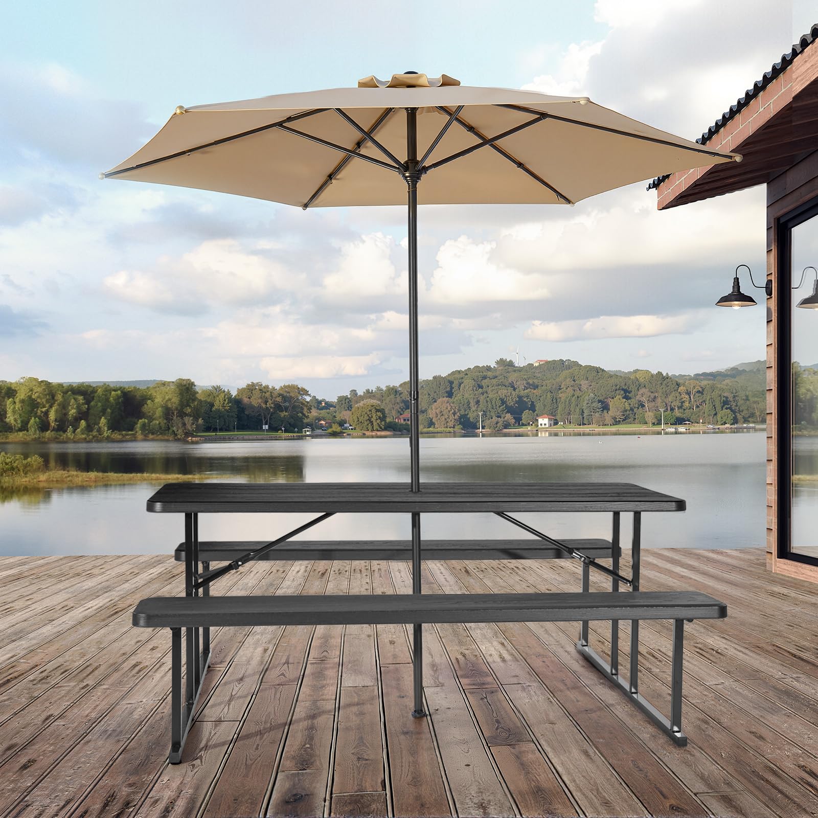 VEVOR Mesa de Pícnic Plegable 180 x 74 x 3,7 cm con Bancos de 180 x 30 x 4,5 mm Estructura de Acero Mesa de Comedor Interior Exterior con Orificio para Sombrilla para Patio, Jardín, Piscina, Negro