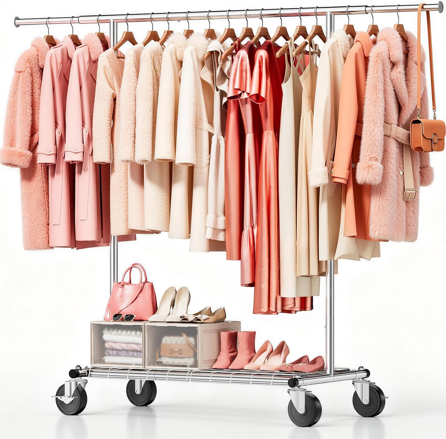 Heavy Duty Clothes Rack for Bedroom - Load 420 LBS - Rolling Clothing Rack for Hanging Clothes with Lockable Wheels & Shelves - Extendable Garment Rack for Closet Laundry - Silver