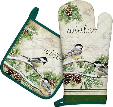Winter Bird Leaf Oven Mitts and Pot Holders Sets 2Pcs, 100% Cotton Heat Resistant, Extra Long Oven Gloves Potholder for Christmas Kitchen Cooking Baking Decoration