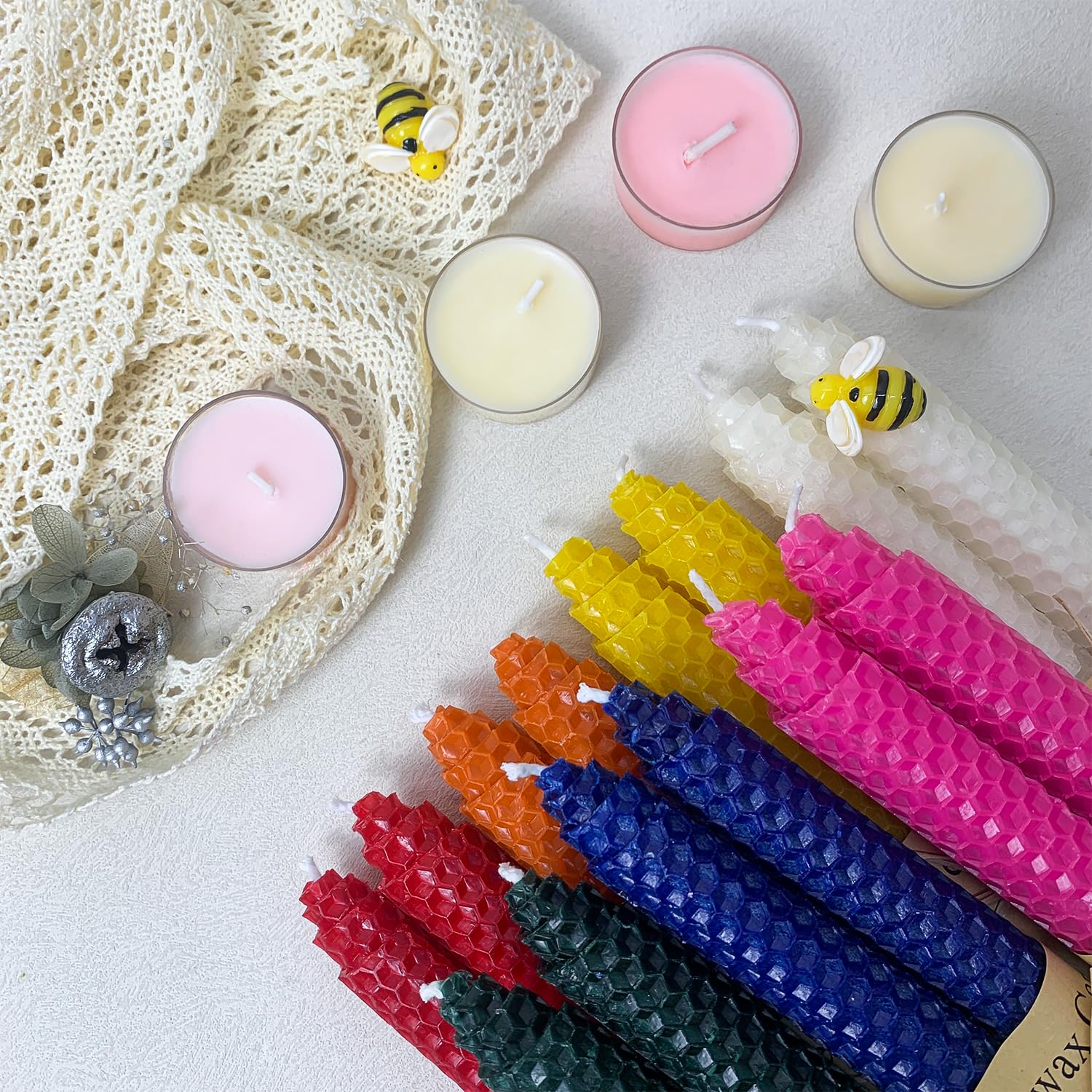 Paquete de 14 velas cónicas de cera de abeja, hechas a mano, velas de cera de abeja para el hogar, velas sin goteo y sin perfume, velas de 9 pulgadas de largo, velas de colores arcoíris Kissingfish