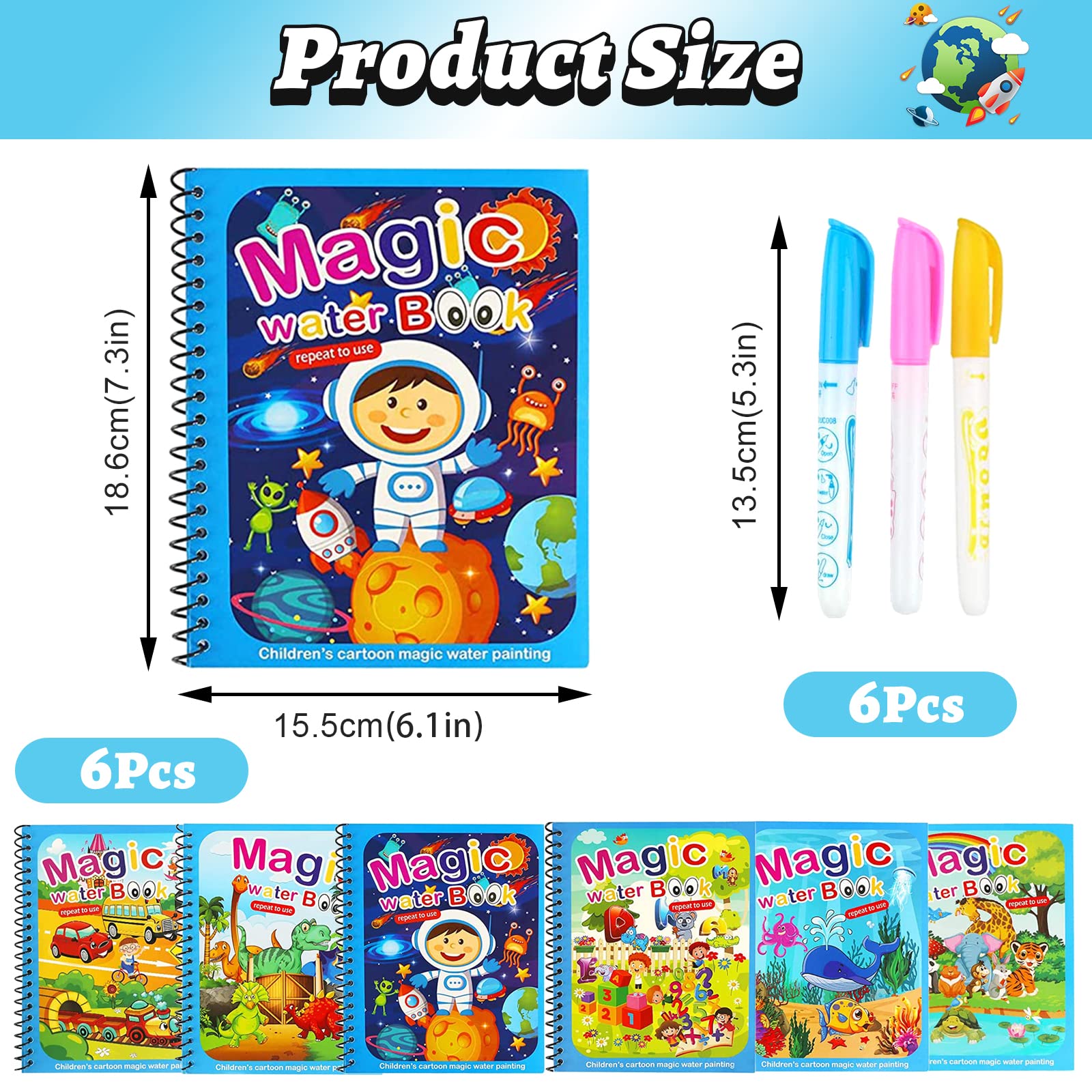 Libri per pittura ad acqua per bambini, 6 pezzi, libro magico da colorare ad acqua, riutilizzabili, con 6 penne magiche, giocattoli da viaggio per bambini in aereo