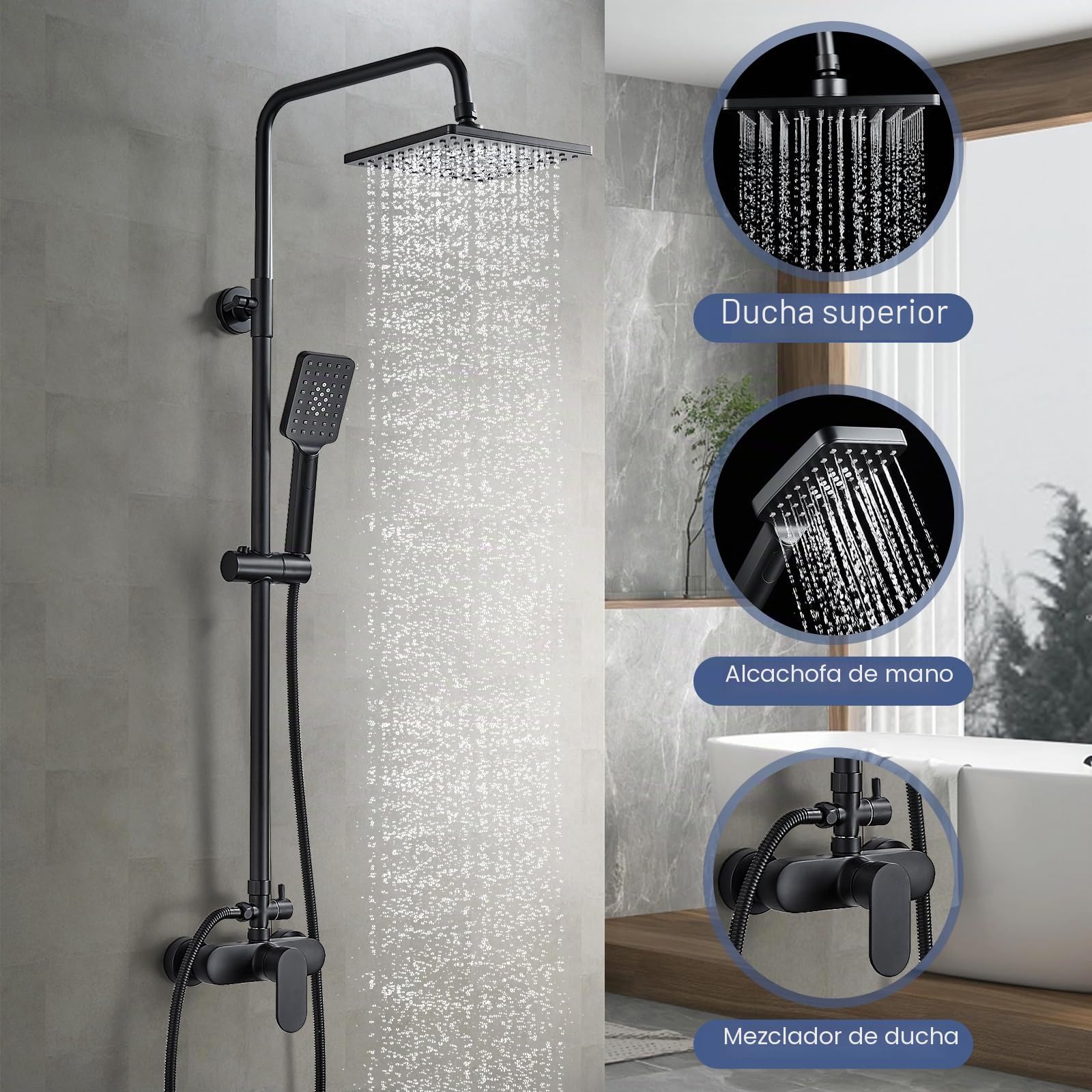 Namuoto Columna Ducha Negro, Sistema de Ducha con Ducha Fija y Teleducha, Barra Altura Ajustable, Duchas de Baño Columna para Baño Set Ducha Monomando