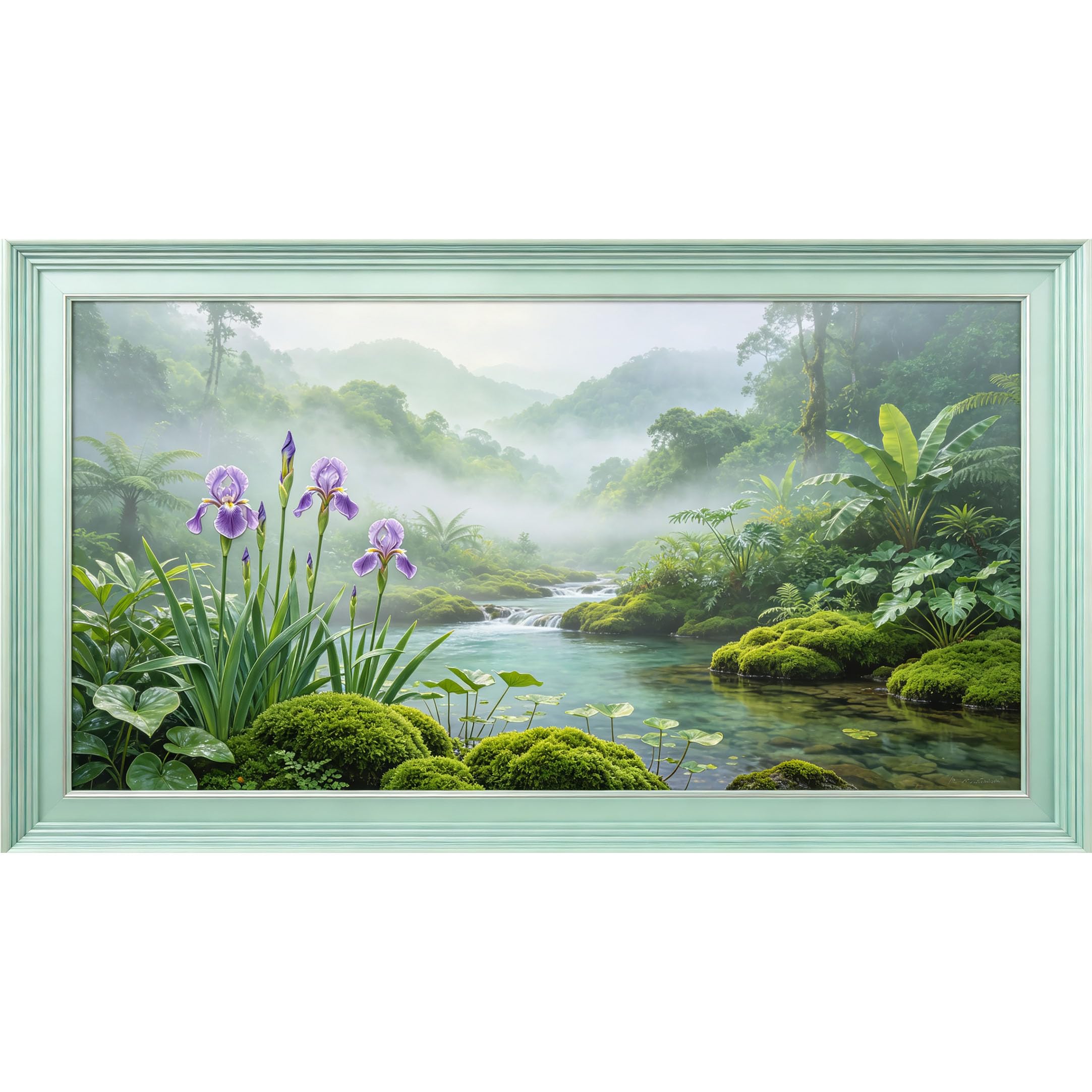 QZLITHOTIC 50x90cm3D Framed Wall Art， Tropical Forest River Mist Botanical Self‑Adhesive Mural， Water‑Activated Peel & Stick Fabric Decor Wall Decal for Bedroom Living Room