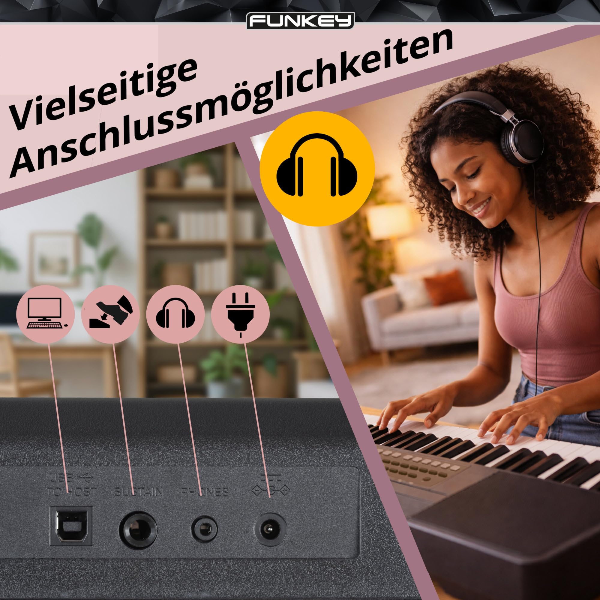 FunKey 61 MKII Keyboard Set mit 61 Tasten - 300 Sounds 300 Rhythmen 80 Demo Songs USB to Host Lernfunktion Metronom Kopfhöreranschluss inkl Ständer Bank Netzteil - Schwarz