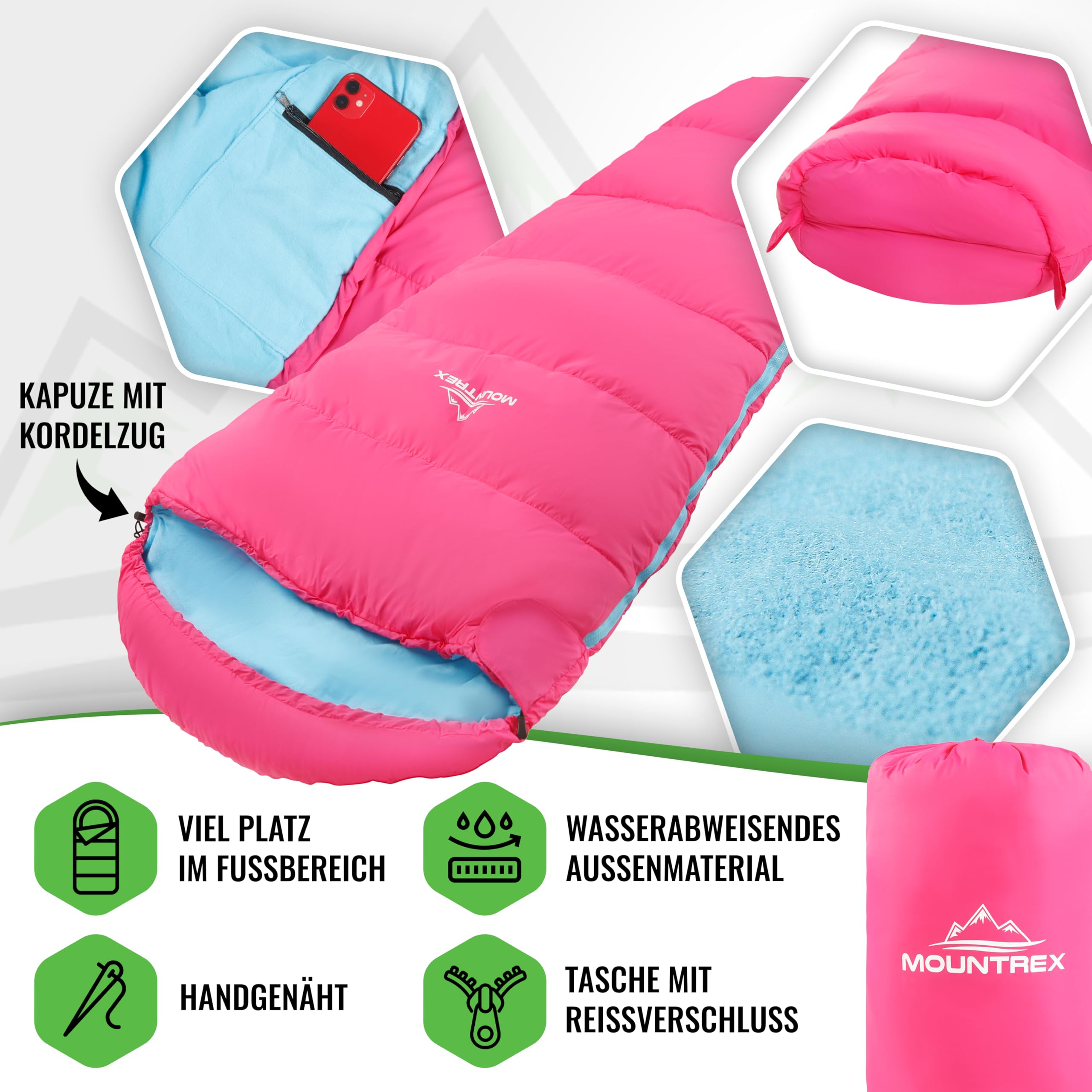 MOUNTREX® Śpiwór dziecięcy – przenośny jak plecak – śpiwór dla dzieci (175 x 70 x 45 cm) – do użytku na zewnątrz, w podróży, pod namiotem, na kemping – lekki i kompaktowy – 100% bawełna wyściółka