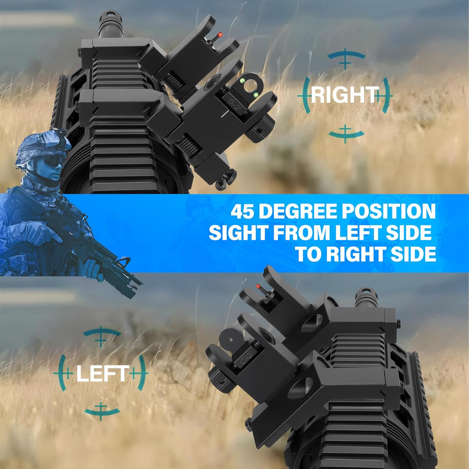 45 Degree Offset Iron Sights with Fiber Optics Red Green Dots,Flip Up Front Rear Sights,BUIS Backup Sight Set,Tool-Free Adjustable Front Sight Rapid Transition,Fits Picatinny and Weaver Rails