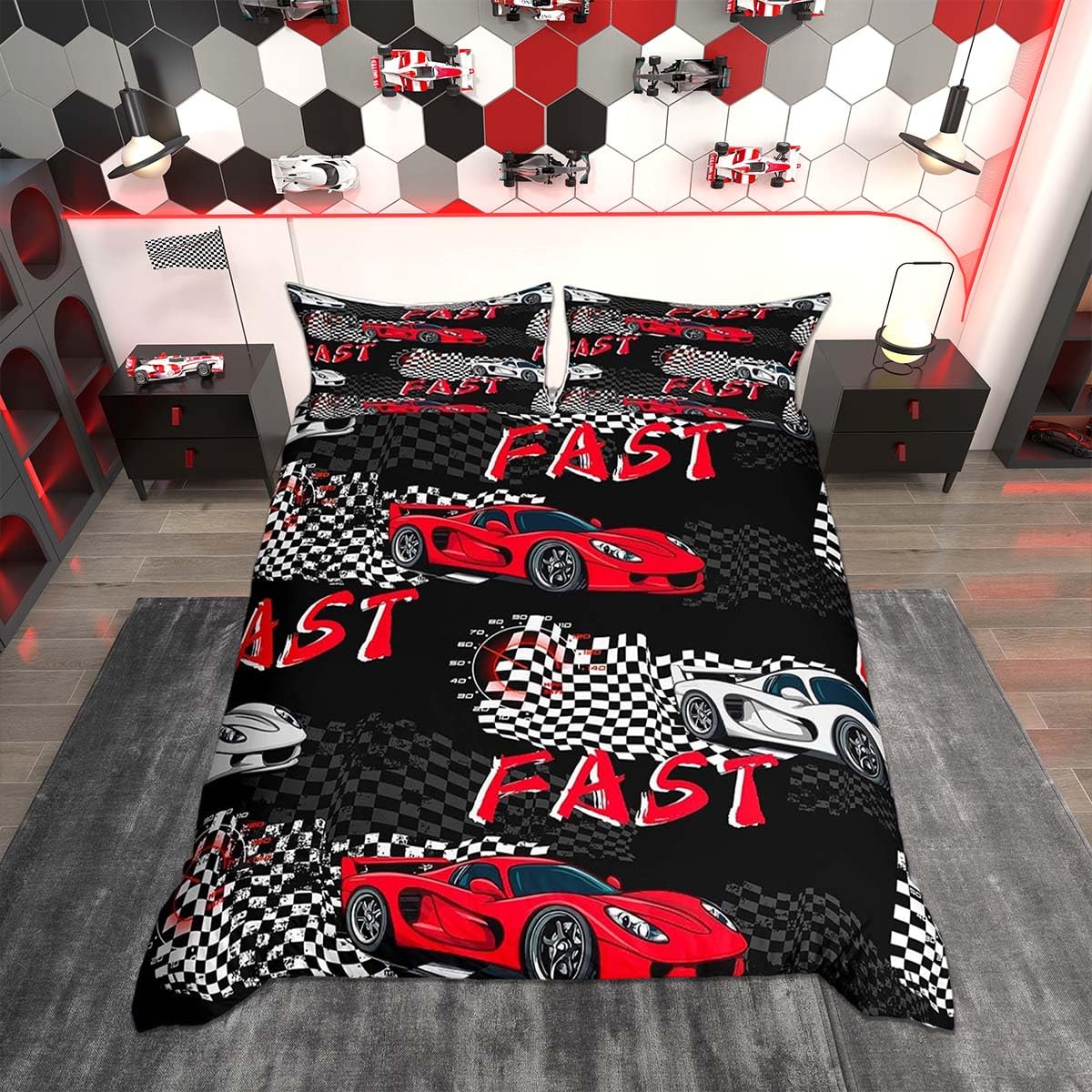 Homemissing Race Car Duvet Cover Set Double Size For Kids Boys Girls Teens Racing Car Bedding Set Extreme Sports Speed Sports Duvet Cover with 2 Pillowcases
