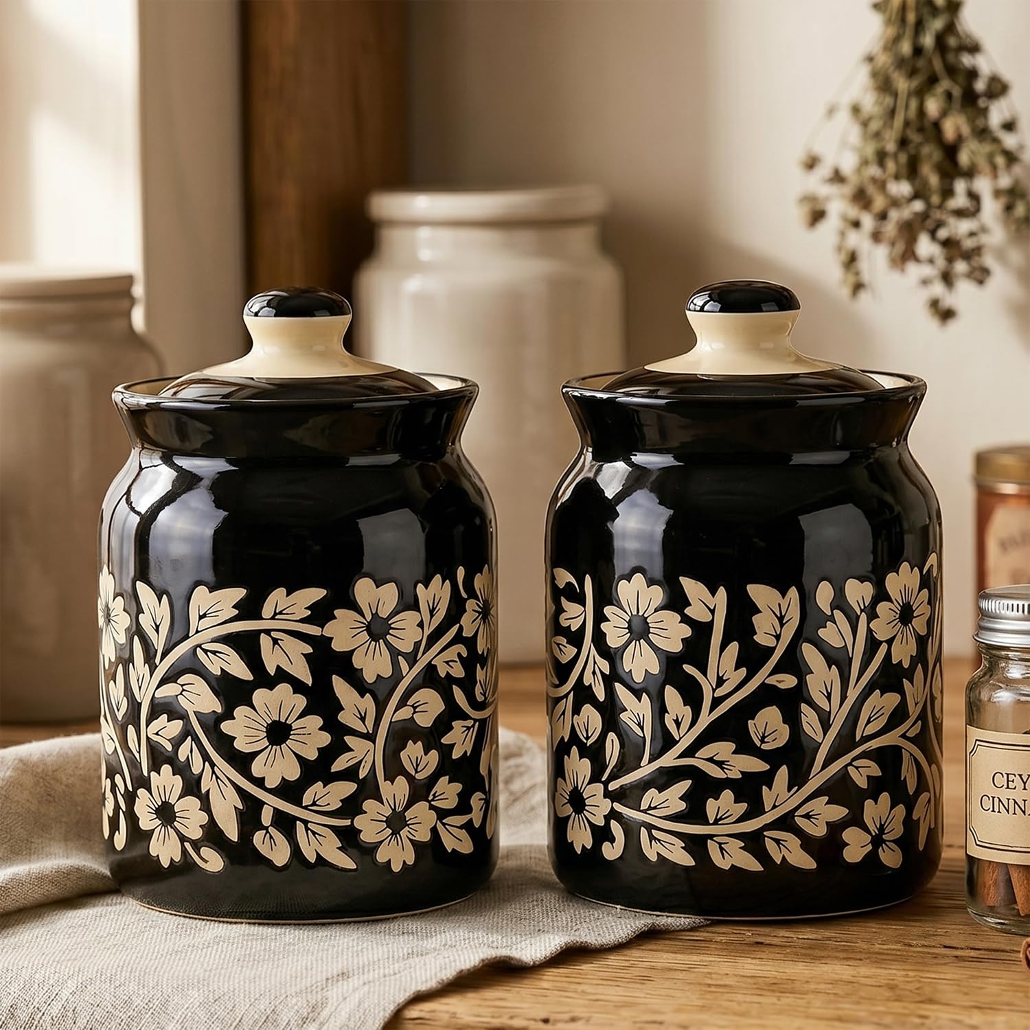 D'Maiolica Ceramic Handmade Pickle Jars in 1000ml (set of 2) | Floral Bale 1 kg Achaar Martban | Ceramic Jadi for Kitchen Storage (Set of 2) | Jars for Achar, Spices, Salt (Regal Black Blossom)