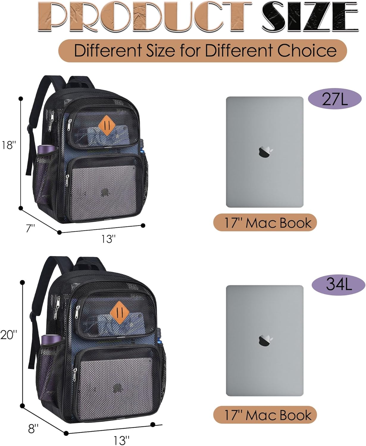 Mesh Backpack for School, Heavy Duty See Through Net Bookbag for Girls Boys Kids, 27L Large Capacity Mesh Bookbag for Beach Work Sports Travel with Padded Strap(Black) - Image 2