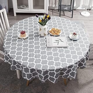 HINMAY Round Tablecloth 60 Inch, Grey Moroccan Style Vinyl Tablecloth with Non-Slip Flannel Backing Waterproof Spill-Proof Wipeable Round Tabletop Cloth for Indoor Outdoor Picnic (60" Round)