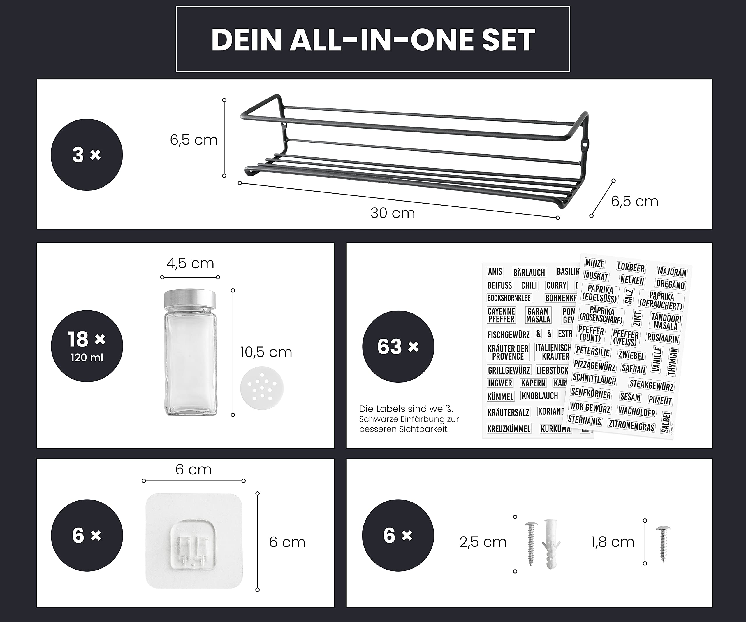 Gewürzregal Mit 18 Gläsern - Zum Aufhängen für Wand & Schranktür - Ohne Bohren - Hängend, Gewürz Organizer