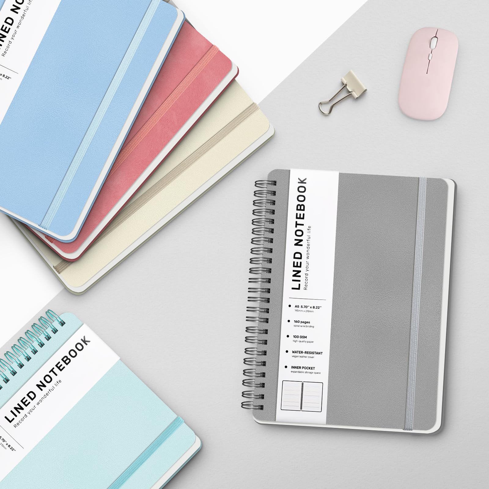 ABERLLS Cuaderno de espiral con rayas grises con 160 páginas, 8 x 5.7 pulgadas, cuaderno en espiral A5, cuadernos de diario para el trabajo, escuela, mujeres, hombres, cuaderno de espiral con rayas
