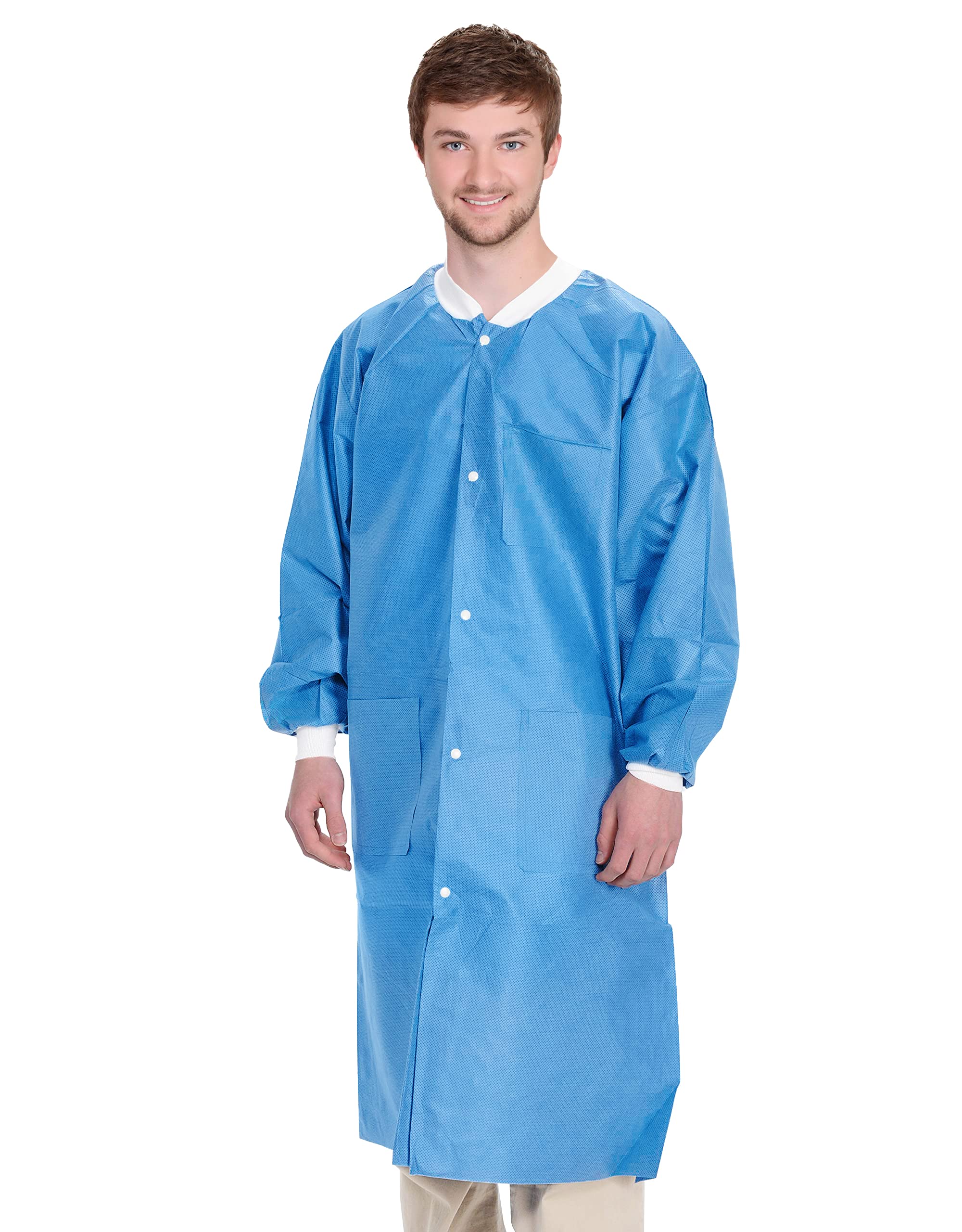 AMAZING Lab Coats SMS 40 gsm, Snaps Front, Knit Cuffs and Collar, 3 Pockets.