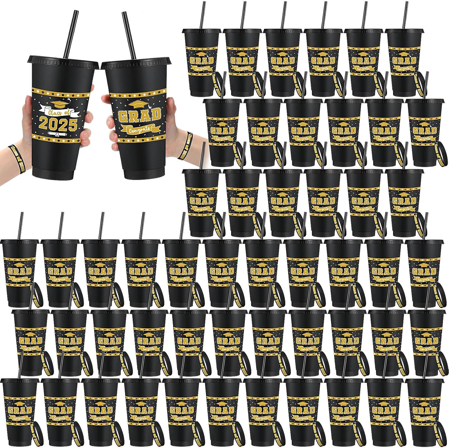 Skylety 50 Set / 100 Pcs 2025 Graduation Gifts Set Bulk Plastic 24oz Graduation Cups with Lid Straw and Class of 2025 Bracelet for Congrats Grad Events(Black)
