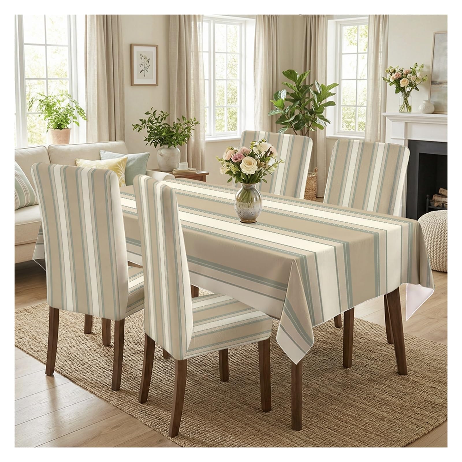 BOSUYBN Neutral Stripe Dining Covers Set, 5/7 Piece Chair Slipcovers With Matching Tablecloth For Everyday Dining Spaces Table Setting(5pcs Set: Tablecloth+Chair Covers)