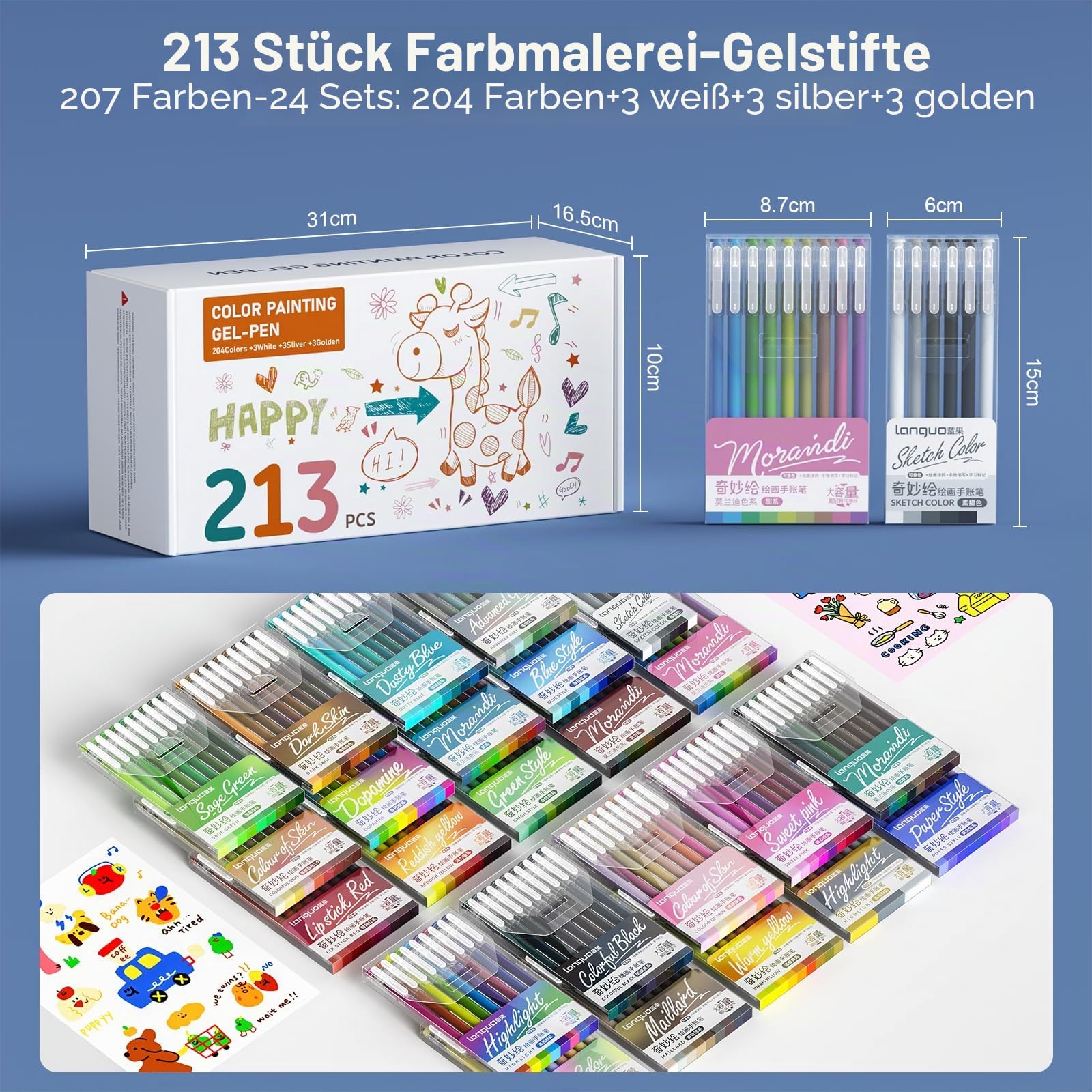 TrendGate 213 Acrylstifte Gelstifte Set, 0,6mm Feine Spitze Gelschreiber | 207 Farben (204 Farben + 3 Weiß/3 Silber/3 Gold), Gel Pen, Malen, Schreiben, Journaling, Wasserfest, Vielzahl von Oberflächen