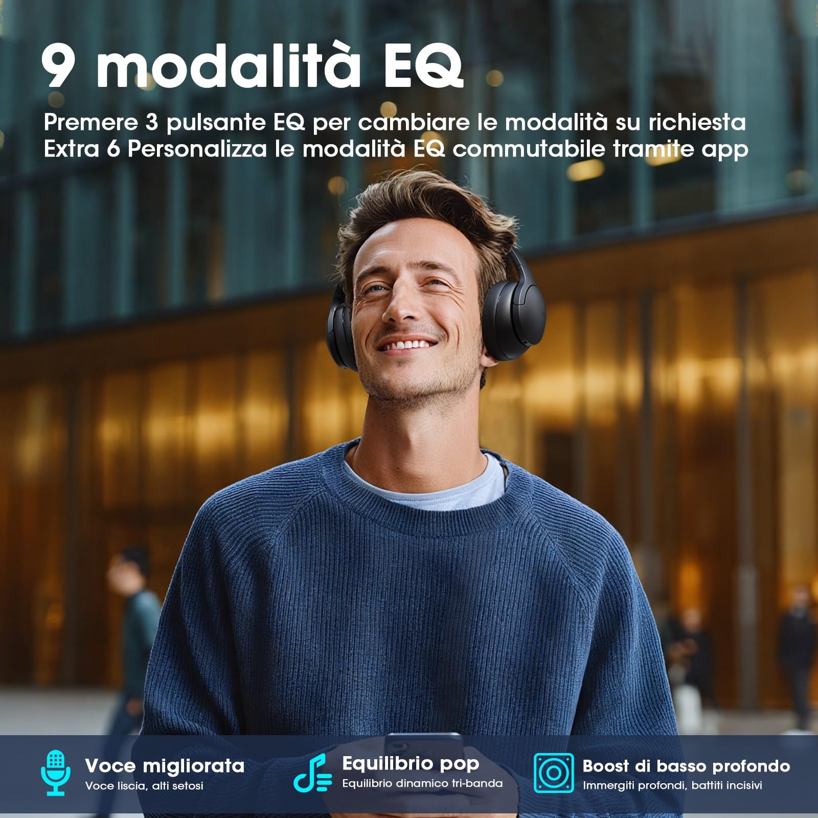 DOQAUS Cuffie Bluetooth Over Ear, Cuffie Wireless con 90 Ore di Autonomia, 9 Modalità EQ e Controllo APP, Audio HiFi con Bassi Profondi, Microfono Integrato, Pieghevoli, Modalità Cablata, Nero