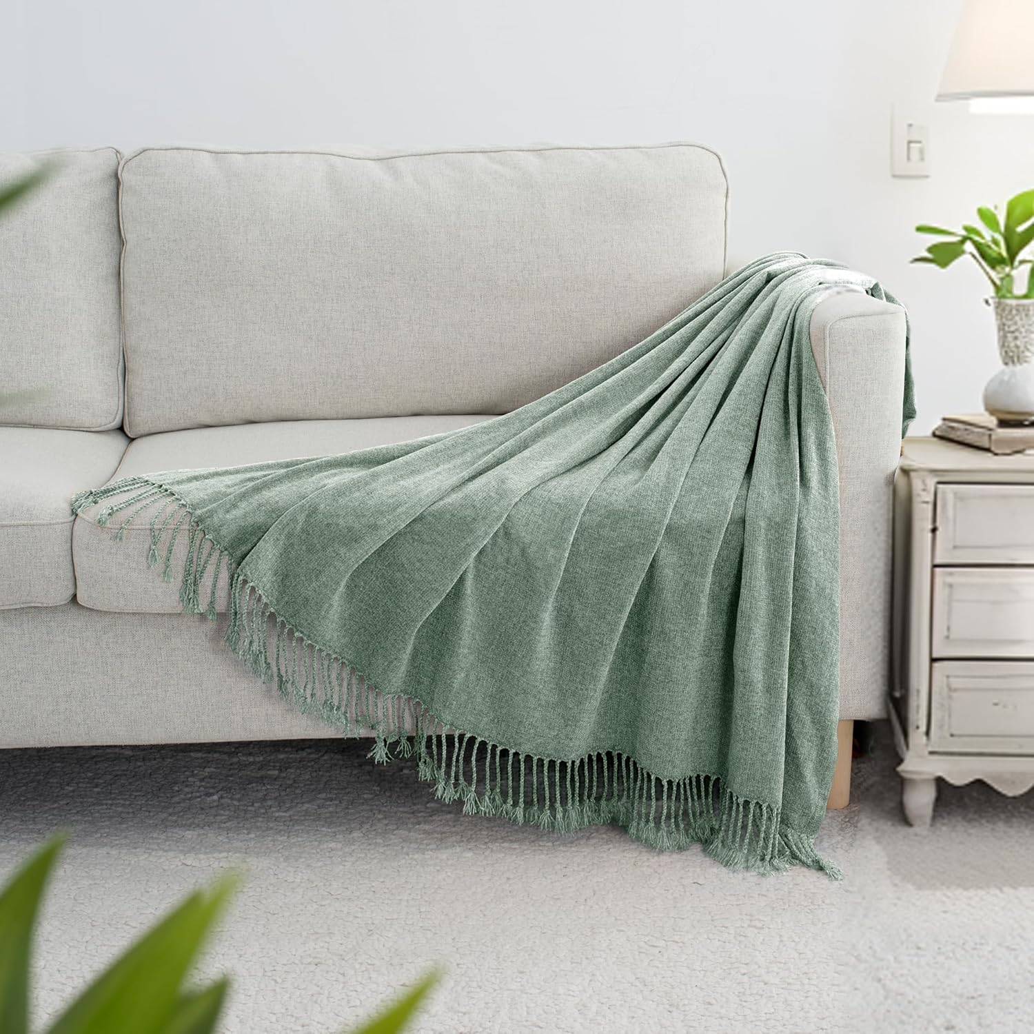 Chenille Throw Blanket for Couch with Tassels,50"X60" Soft Lightweight Knitted Boho Decorative Blankets for Bed and Sofa,Sage Green - Image 4