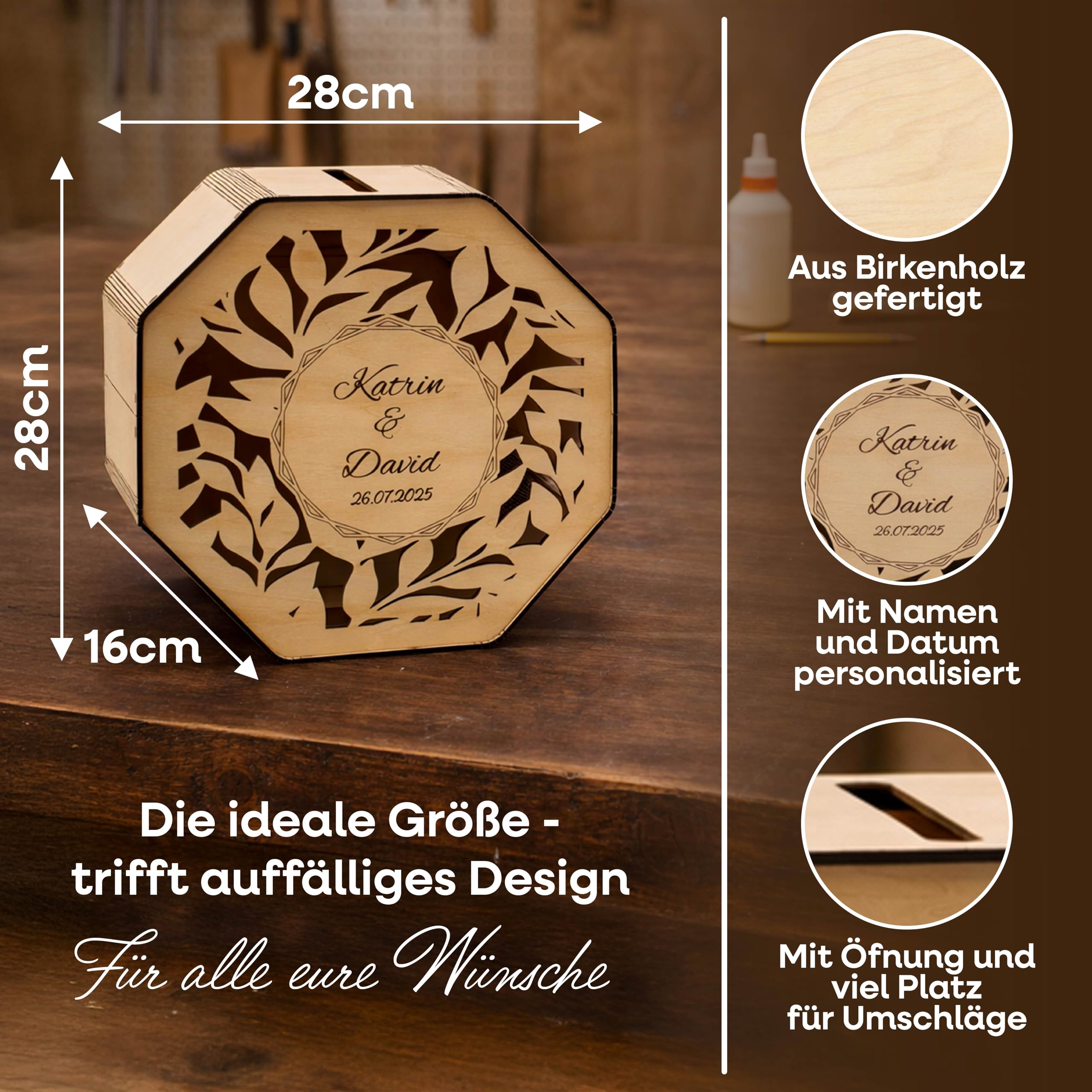 BirdartBox® Kartenbox Hochzeit personalisiert | Hochzeitsbox für Geldgeschenke hochwertig aus Holz, Schatulle mit Gravur Name und Datum