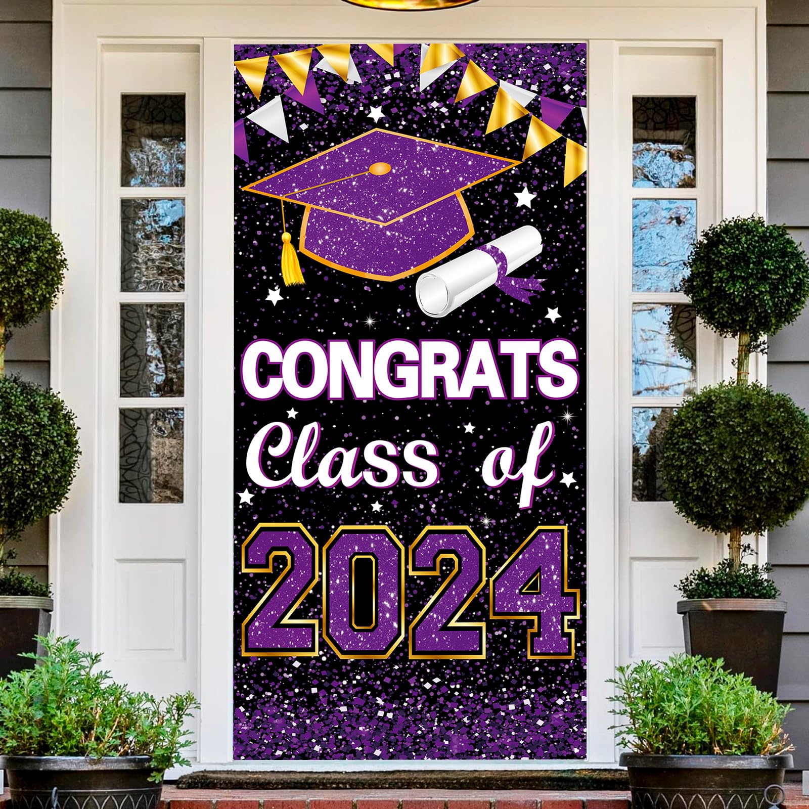 73 x 36 Inch Congrats Grad Class of 2024 Sign Banner Door Cover, Graduation Party Decorations, Large Front Door Porch Sign Backdrop for Wall Indoor Outdoor Photo Booth Props Party Supplies (Purple)