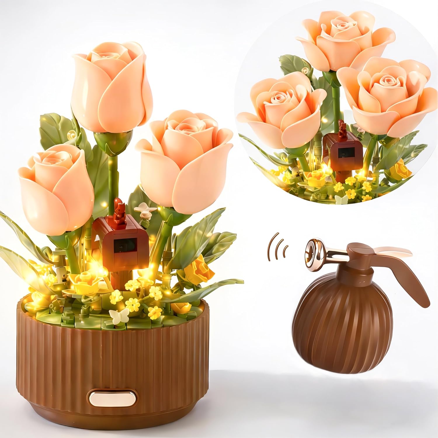 Electric Flower Bouquet Building Set 255PCS – Motorized Blooming Roses Flowers Botanical Kit, DIY Bonsai Style Bouquet of Flowers – Unique STEM Gift for Kids&Adults, Room & Desk Decor (Orange)